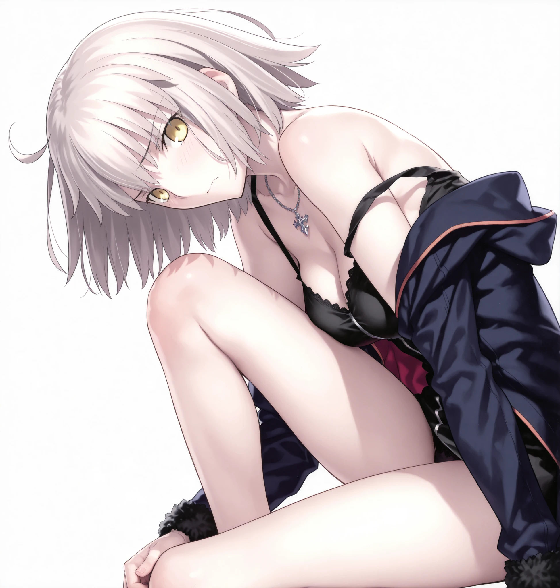 masterpiece, , absurdres, highres, detailed background, high resolution, masterpiece, necessary, detail, best quality, quality, necessary, details, High details, Precise, 8k, ,(white background, simple background), , from side, upper body ,close up ,
1girl, , (type-moon) style, ,Takeuchi Takashi style, (aged up), long legs, , (one knee up), panties slip ,leaning forward, head tilt (),
very tall girl, girl, slim arms ,Jeanne d'arc alter shinjuku , short hair ,yellow eyes, light gray hair, off shoulder ,jacket, strap slip,(one_knee,hand_on_own_knee),looking_at_viewer, , light embarrassed,,