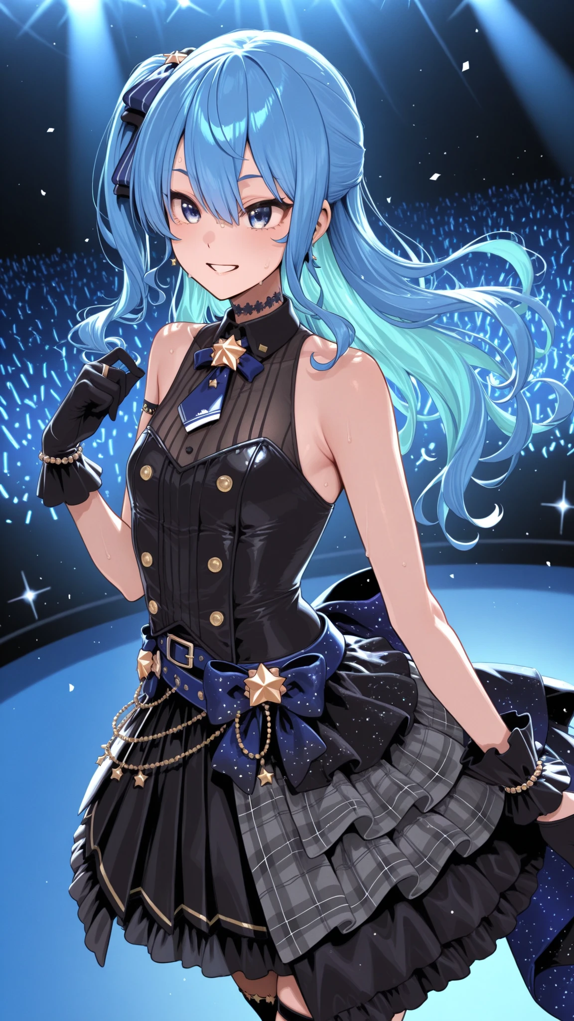 (masterpiece:1.2, highest quality), (realistic, photorealistic:1.4), beautiful illustrations, 
looking at the viewer, whole body, Front view:0.6, 
1 female, Japanese, ((light blue hair:1.5, twin tails:1.5)), blown hair, bangs, hair between eyes, ((height: 167cm, C cup bouncy , thin waist, peach )) 
beautiful hair, beautiful face, beautiful and detailed eyes, (yellow eyes:1.3), beautiful clavicle, beautiful body, beautiful , beautiful thighs, beautiful feet, beautiful fingers, 
(beautiful scenery), Beautiful concert stage,
((polka dot dress:1.3, detailed accessories, vest, , choker)), white , 
(Are standing, lift the skirt, grab the hem of the skirt, put your hand on your , hand between  your legs:1.3), 
(Look at the viewer while blushing:1.3), ((idol costume:1.5))