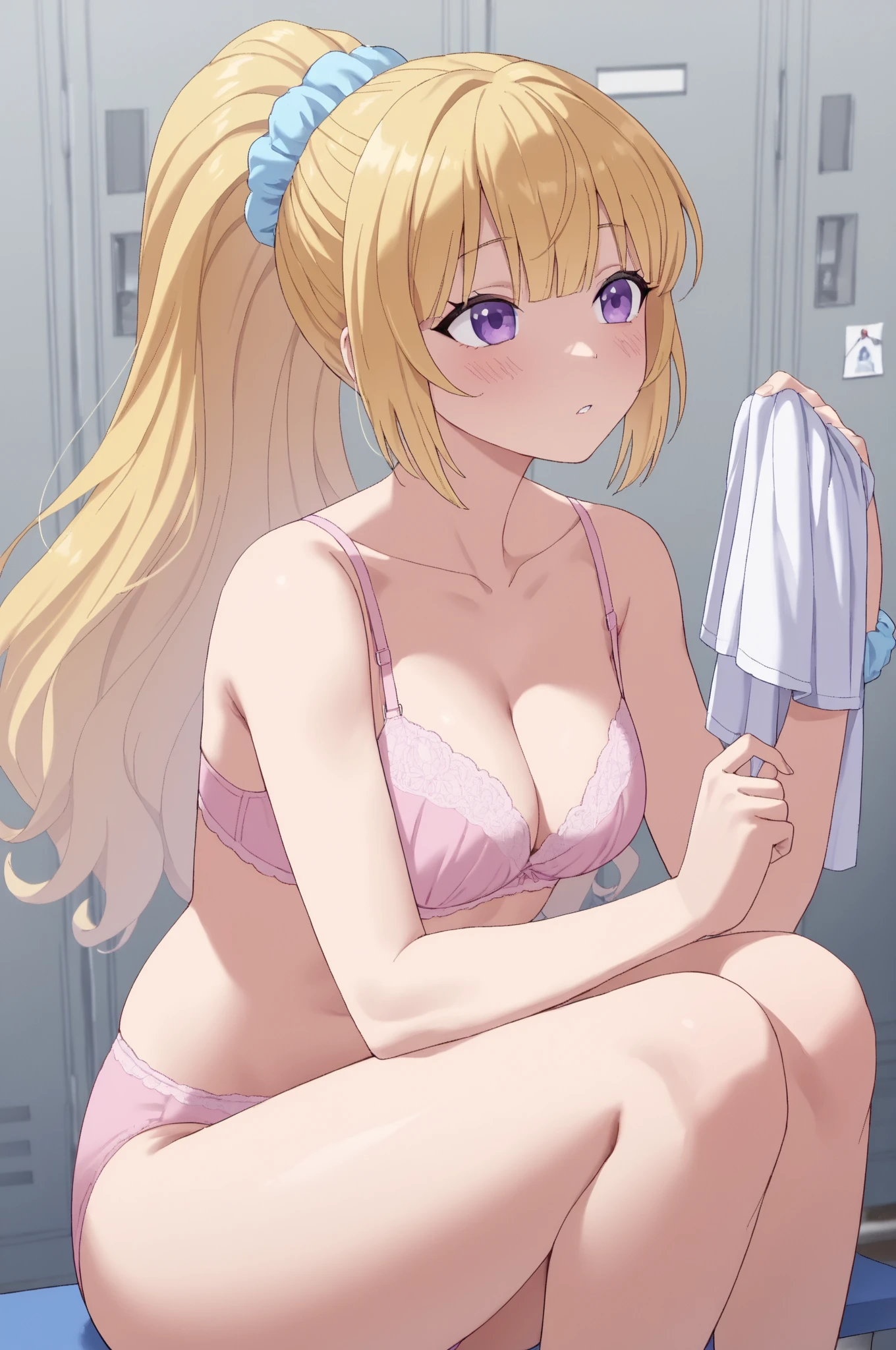 (score_9, score_8_up, score_7_up), 1girl, solo,blonde hair, blue eyes, long hair, hime cut, long bangs, small , pink bra, pink panties, pink thighhighs, feet,
(face focus, from above, wide :1.1), , cowboy shot, locker room, night time, dim lighting, dynamic lighting, ,
(leaning, dutch angle:1.1),
relaxed, smug,