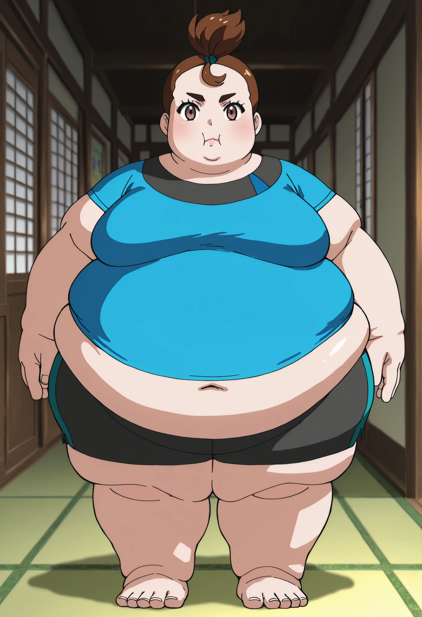 anime screenshot, anime screencap, 1girl, verity, upper body, looking at viewer, red eyes, very short hair, top knot, short sleeves, brown eyes, blue shirt, very fat, big belly, chubby body, obese, closed mouth, full body shot, large head, oversized limbs, large hands, large feet, oversized feet, oversized fingers, big lips, plump lips, fat face, fupa, big fupa, fat fupa