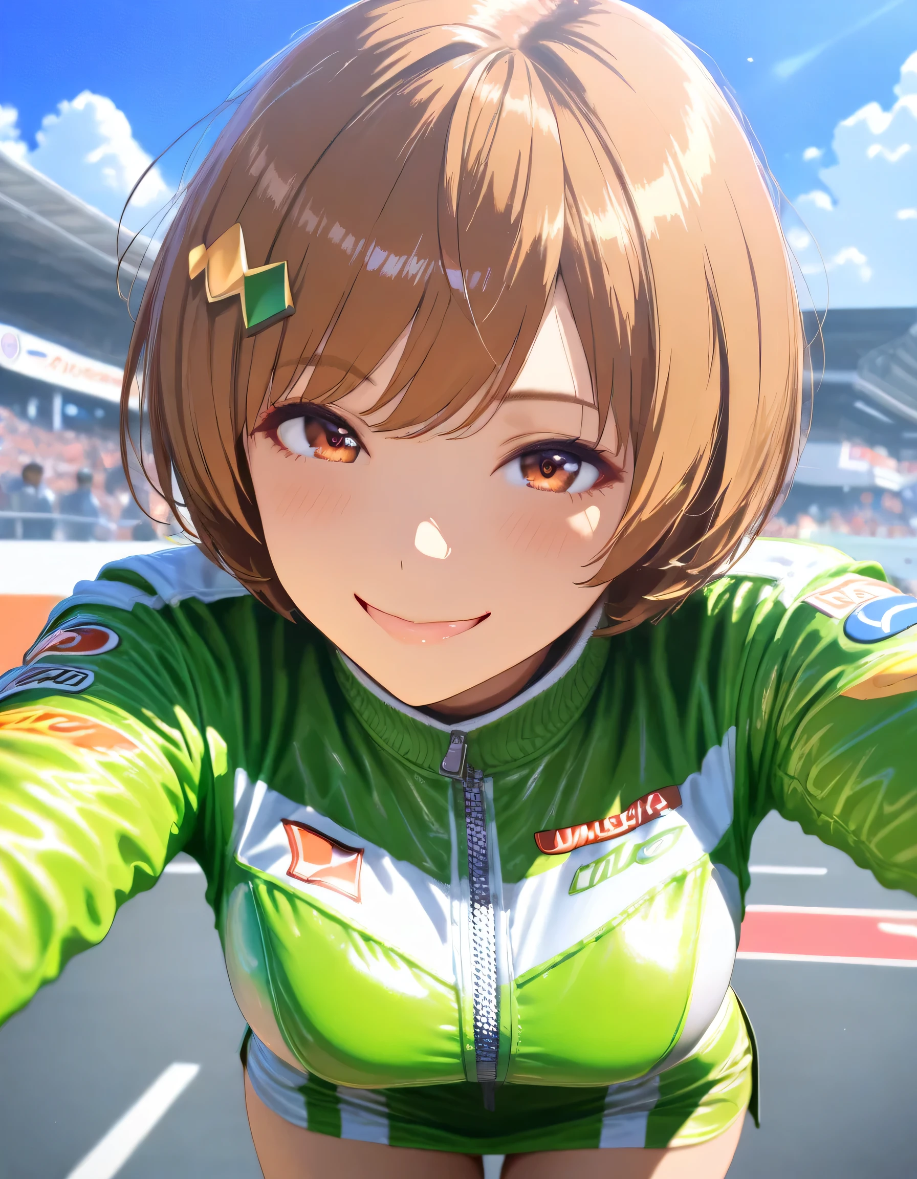 1girl, satonaka chie, umamusume, motor show, race queen, blue sky, breathtaking scenery, brown eyes, smile, 16k, Ultra detailed, (realistic, photorealistic : 0.8), masterpiece, high score, great score, absurdres