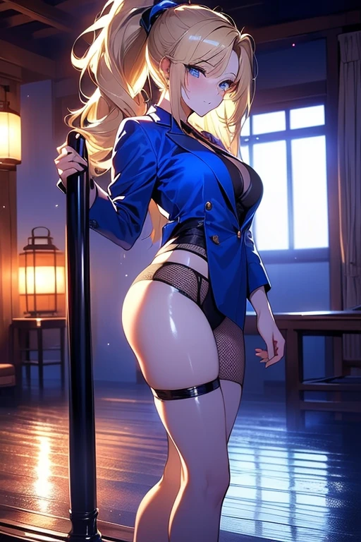 One person,In the flower field,White flower,View your viewers,blue eyes,Blonde,Daisy,Long Hair,Young face,Big eyes,(Drooping eyes)Blue Eyes,Pink Lips,Blushing,A faint smile,(deep blue lace bra)((Abnormally very very :1.5))Cleavage,The waist is well-developed.,Sexy ass,((deep Blue satin panties 1.1))indoor((from behind:1.3))((leaning forward:1.2))((:1.2))