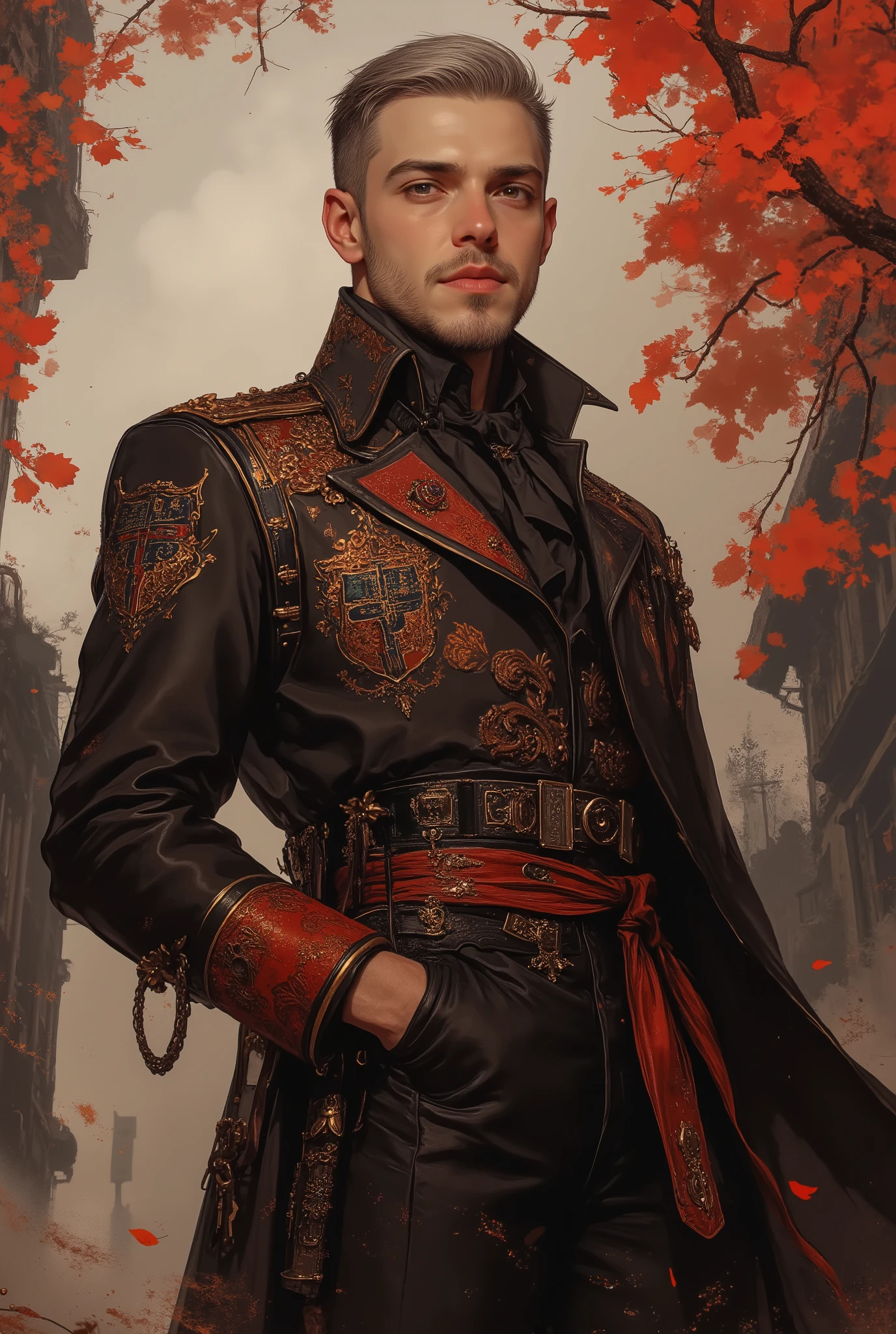 gentleman fashion magazine、wacky dynamic posing、45-year-old gentleman looking at me and grinning、good-looking gentleman with gray hair short cut、I'm wearing a dark brown rococo suit、