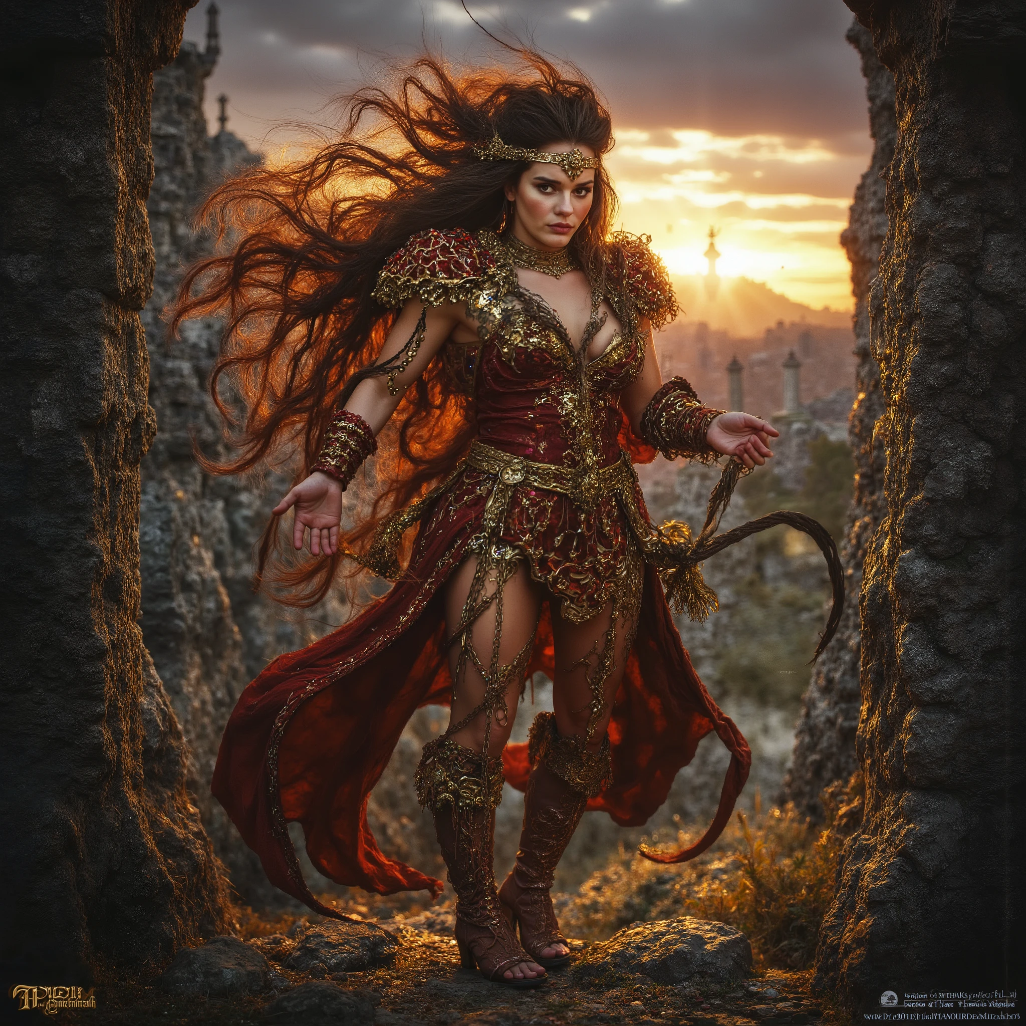 Merlin the wizard from the 5th century portrayed in a full body portrait, physically perfect and muscular body frame, adorned with detailed robes and accessories, mysterious expression, dramatic lighting, medieval castle ruins background, fantasy landscape, 4k, highly detailed, intricate, digital painting, concept art, cinematic lighting, warm color palette, dramatic atmosphere, bright brown eyes,((full body portrait))