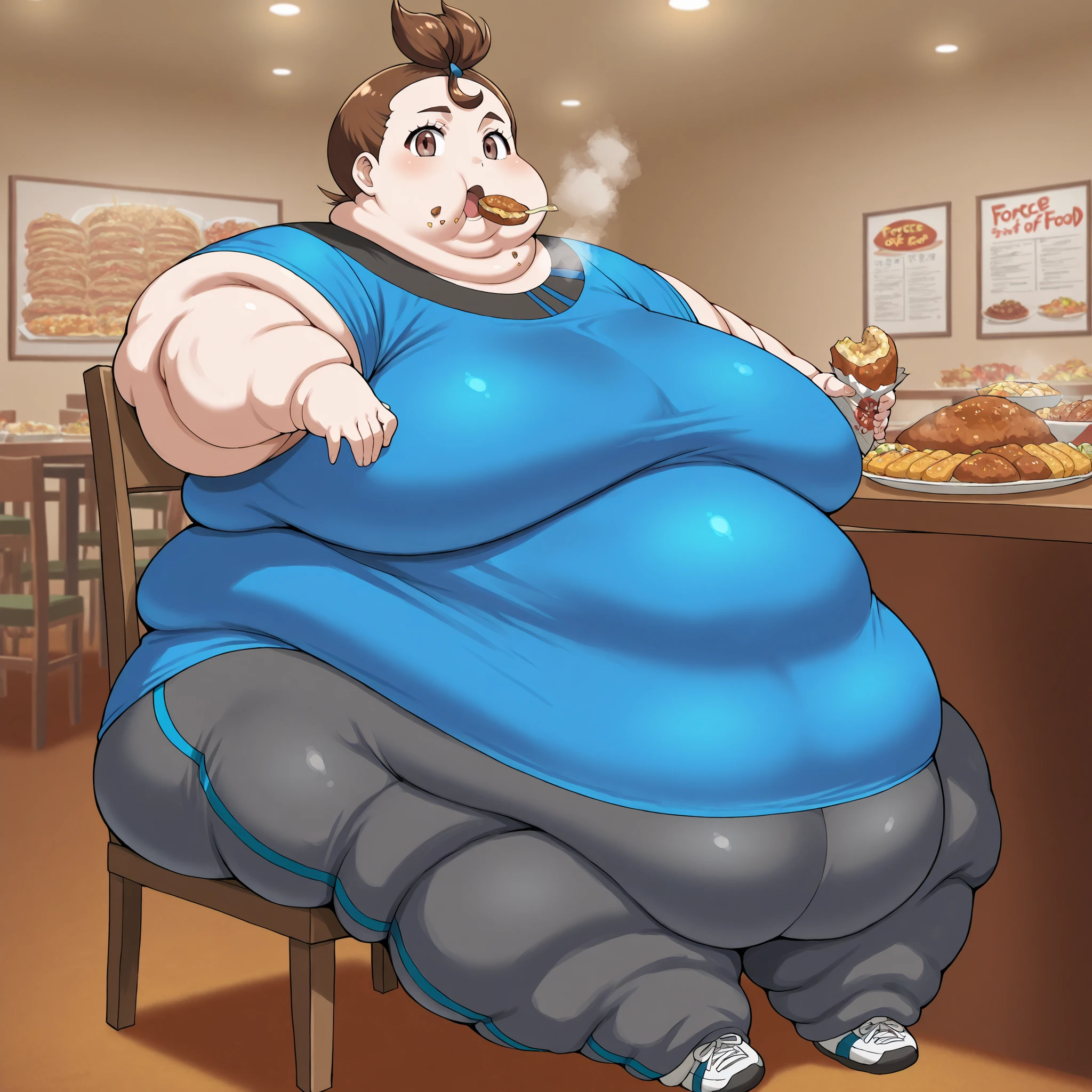 1girl, verity, upper body, looking at viewer, red eyes, very short hair, top knot, short sleeves, brown eyes, blue shirt, fat, chubby, obese, fat neck, multiple chins, big breasts open mouth, out of breath, Larger female, full body shot, sitting on chair, sitting down, table, dinning room, in front of tones of food, eating food, food in mouth, force fed, force feeding, rush of food, reclining back on chair