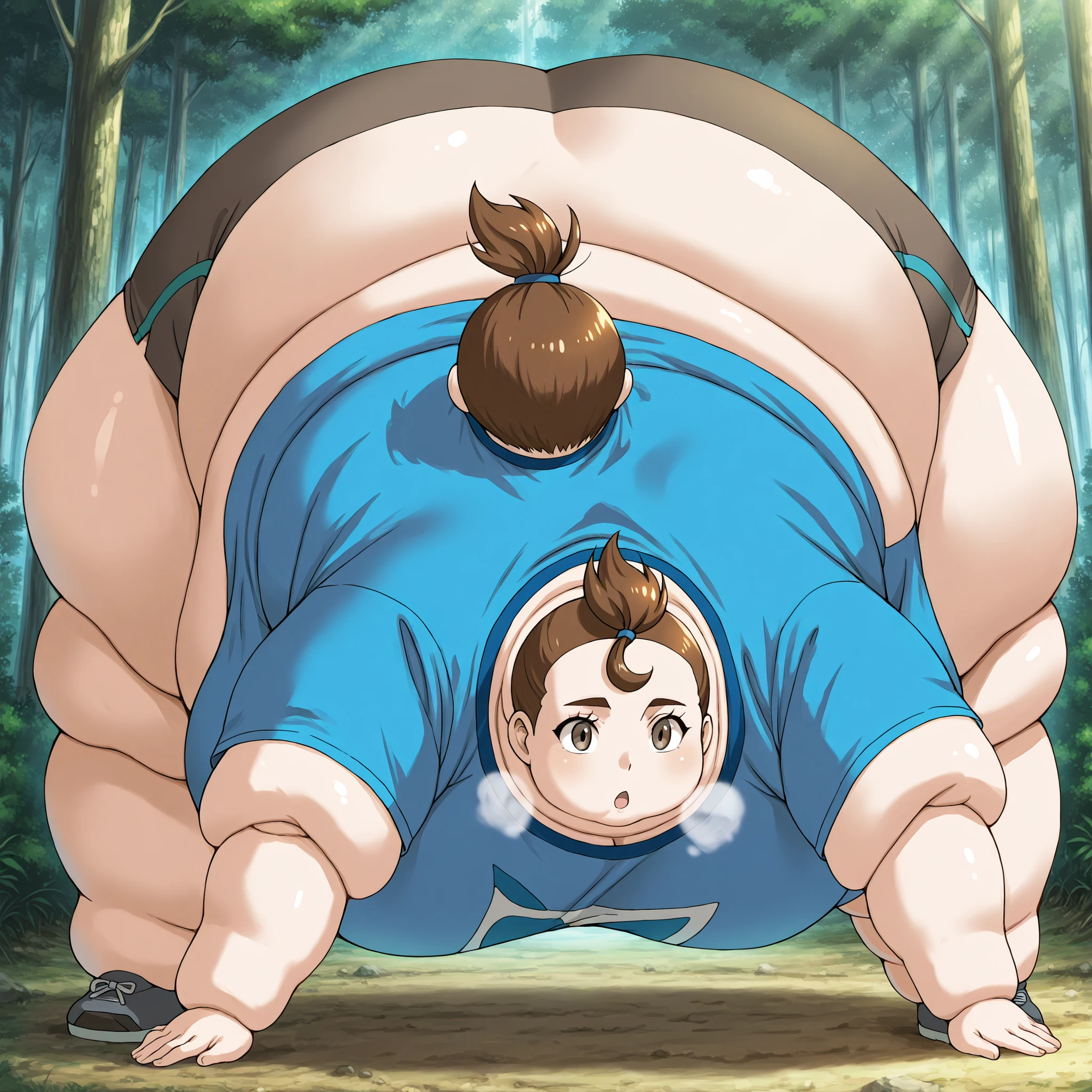1girl, verity, very short hair, top knot, short sleeves, brown eyes, blue shirt, fat, chubby, obese, fat neck, multiple chins, big breasts open mouth, out of breath, Larger female, full body shot, bending over, bending down, back view, back side, outside, forest 