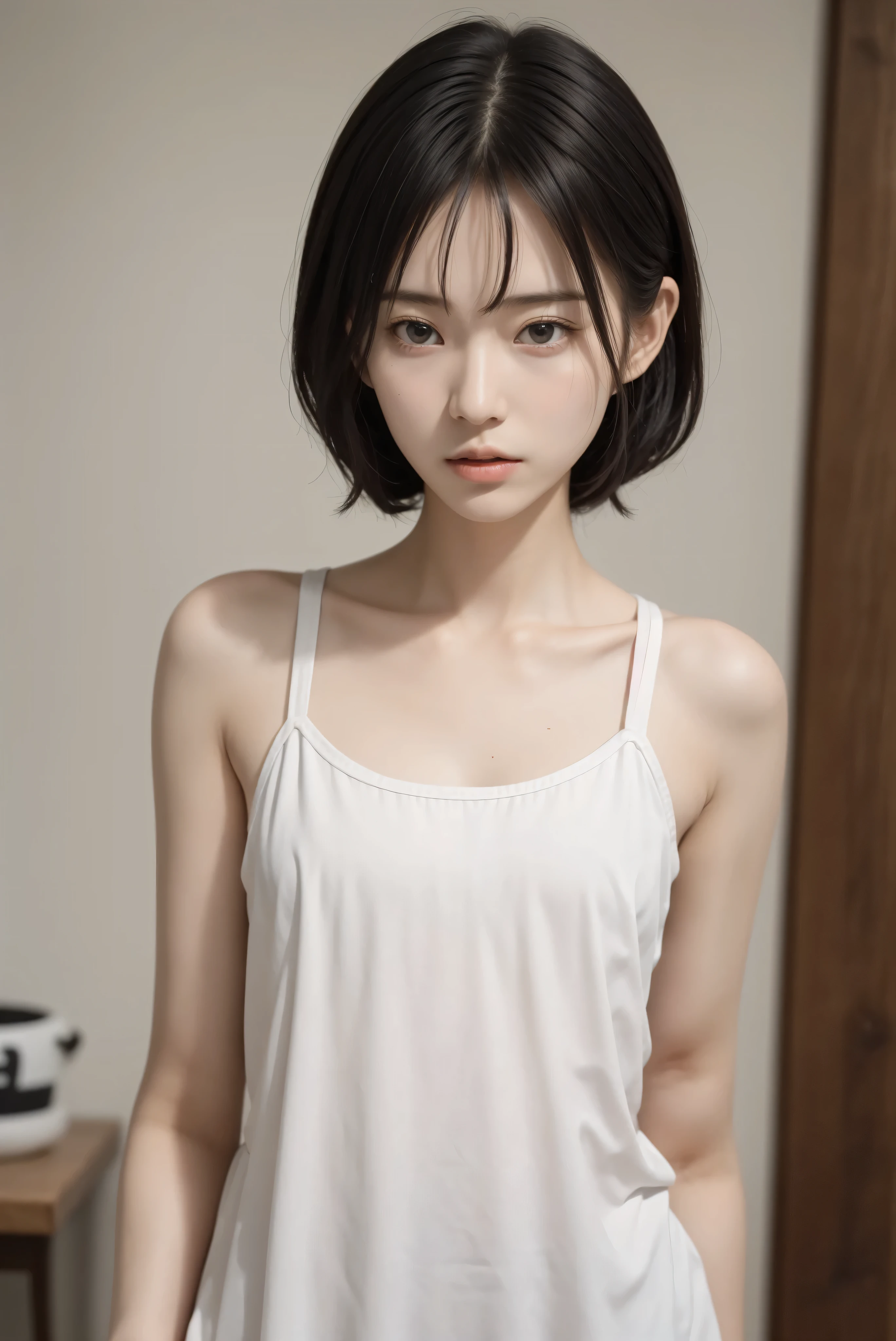 Two girls standing at ear window in school classroom,White dress,White 、bangs,Scared short hair with low pigtails,from before,Front light,((Little girl at 14 years old、slender、delicate、Sexy clavicle and flat chest、Very small breasts))、My whole body is soaked、Clothes are wet and breasts are showing through