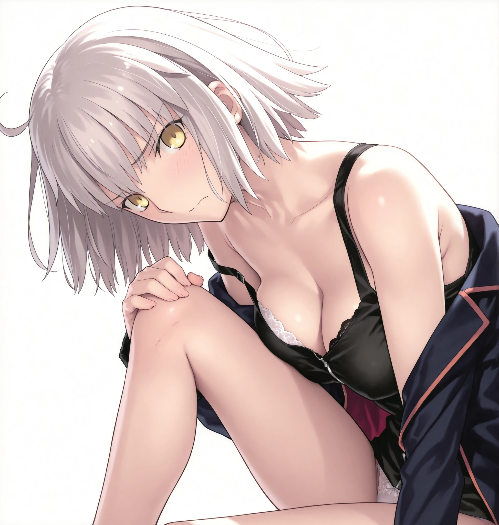 masterpiece, , absurdres, highres, detailed background, high resolution, masterpiece, necessary, detail, best quality, quality, necessary, details, High details, Precise, 8k, ,(white background, simple background), , from side, upper body ,close up ,
1girl, , (type-moon) style, ,Takeuchi Takashi style, (aged up), long legs, , (one knee up), panties slip ,leaning forward, head tilt (),
very tall girl, girl, slim arms ,Jeanne d'arc alter shinjuku , short hair ,yellow eyes, light gray hair, off shoulder ,jacket, black tank top, strap slip, bra slip, (one_knee,hand_on_own_knee),looking_at_viewer, , light embarrassed,,