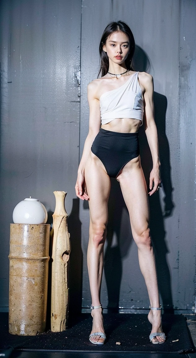 a woman, very thin body, body visible bones, very slender , sweaty weat body, pale white skin, panties, bra,tatto, full body, sit down