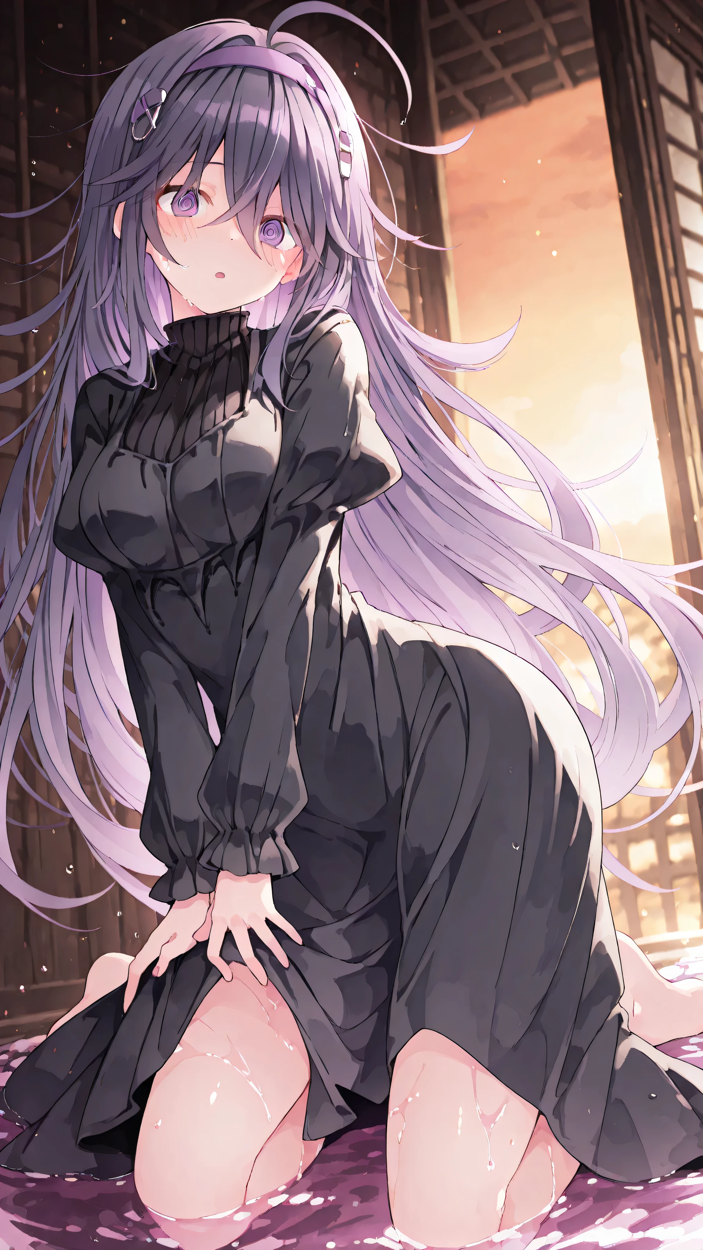 ,hex maniac, hairband, messy hair, purple eyes, purple hair, purple hairband, @ @,,black dress, dress, long dress, long sleeves, juliet sleeves,,rurudo,detailxl,,hex maniac, , messy hair, purple eyes, purple hair,, @ @,,,仰向けCypress bath,hair over one eye,wolf cut hair,,,1 girl , big ,solo,青い目, wet,水面 ,Long Hair,, hair clip, , color inner hair, perfect pussy (masterpiece, Highest Quality, Newest, high resolution), , 1girl, long hair, , solo, , bangs, , barefoot, very long hair, blurry background, dutch angle, 1girl, breasts, , hair ornament, , long hair, , solo,, barefoot, hair between eyes,sunset beach,The swimsuit is falling off