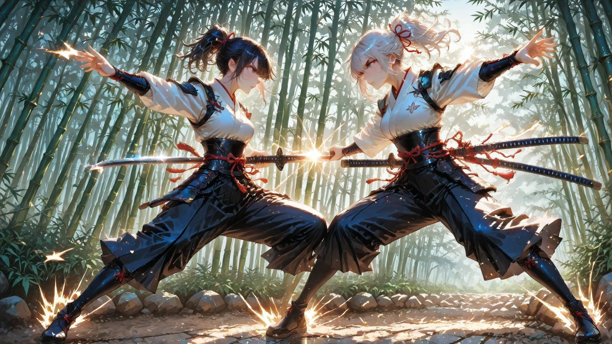 Full body shot of two female character from Dead or Alive games. They locked duel fighting in an intense battle, serious expression, attacking each other wielding katana with deadly intent. They have different long loose hairstyle. Both of them wears wears a different traditional short kimono, with a obi tied on their back, and skirt. On their hands, they also wear black thin elbow gloves. On their feet, they also wears black thigh high socks and the black boots. The battle takes place in a dense and lush forest.