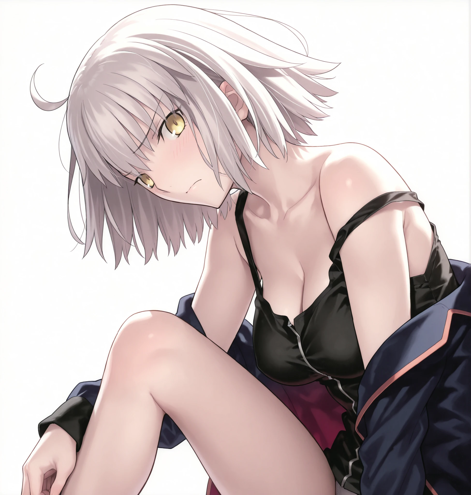 masterpiece, , absurdres, highres, detailed background, high resolution, masterpiece, necessary, detail, best quality, quality, necessary, details, High details, Precise, 8k, ,(white background, simple background), , from side, upper body ,close up ,
1girl, , (type-moon) style, ,Takeuchi Takashi style, (aged up), long legs, , (one knee up), panties slip ,leaning forward, head tilt (),
very tall girl, girl, slim arms ,Jeanne d'arc alter shinjuku , short hair ,yellow eyes, light gray hair, off shoulder ,jacket, black tank top, strap slip, bra strap slip, (one_knee,hand_on_own_knee),looking_at_viewer, , light embarrassed,,