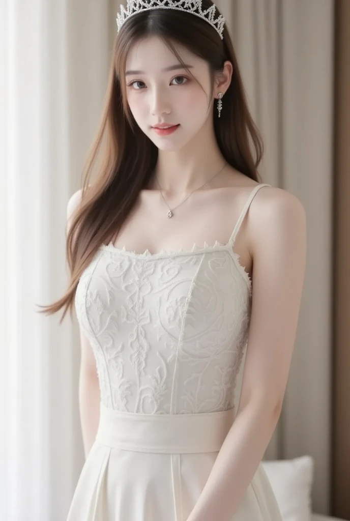 (((Blonde、forehead、White background、シンプルな無地のWhite background、Frills、race、Black clothes、belt)))、Highest quality, White skin, Real human skin, (Detailed face), Oval Face, pores, Ultra-high resolution, (8K, RAW Photos, Realistic:1.4), One girl, slim, (She looks straight at the viewer with a calm, goddess-like happiness.:1.2), (Lifter Gloss, eyelash, Shiny surface, Highest quality, Ultra-high resolution, Wide lighting, Natural Shading), Teacher Fashion, No sleeve, dress, Put your arms behind your back:1.3, Bokeh, Depth of written boundary, Cowboy Shot:1.3,