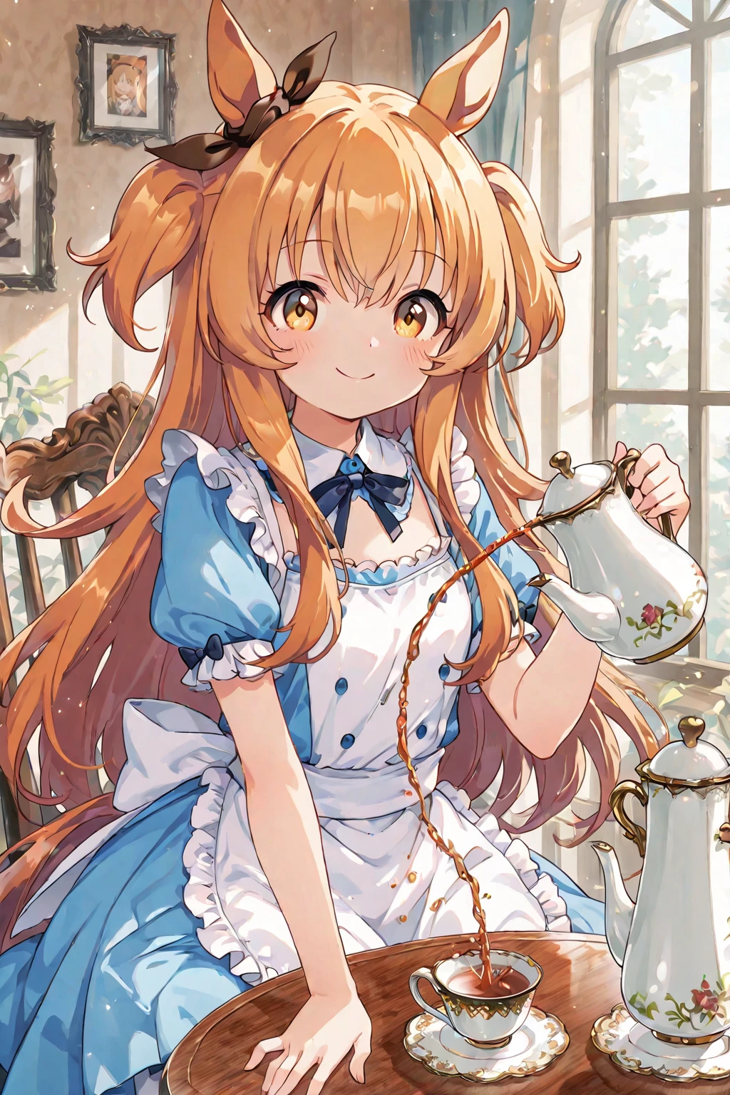 masterpiece, best quality, extremely detailed, (illustration, official art:1.1), 1 girl ,(((( light blue long hair)))), ,(((( light blue long hair)))),light blue hair, , long hair ((blush)) , cute face, big eyes, masterpiece, best quality,(((((a very delicate and beautiful girl))))),Amazing,beautiful detailed eyes,blunt bangs((((little delicate girl)))),tareme(true beautiful:1.2), sense of depth,dynamic angle,,,, affectionate smile, (true beautiful:1.2),,(tiny 1girl model:1.2),)(flat ), 1girl, , charmy-angle, looking at viewer, blue bow, frills, striped bow, head tilt, smile, frilled dress, thighhighs, white thighhighs, hair ornament, shoes, frilled sleeves, dress bow, cross-laced clothes, blue eyes, wrist cuffs, puffy short sleeves, polka dot bow, detached sleeves, leg up, short sleeves, solo, white gloves, bow legwear,, bow print, holding, blunt bangs, standing on one leg, outstretched arms, yellow dress, ahoge, plaid dress, :d, layered dress, blue footwear, collared dress, spread arms, off shoulder, white bow, hair bow, wavy hair, bag, animal bag, white neckwear, standing, blue ribbon, handbag, blush, neck ribbon, yellow bow, diagonal-striped bow, white collar, bear print, shadow, hair ribbon,  shoulders, frilled thighhighs, orange dress, garter straps, open mouth, frilled bow, print skirt, detached collar, bear shaped bag, back bow, puffy sleeves, masterpiece, best quality,(((Checked dress)))
,garden, (Tea party, tea set,)