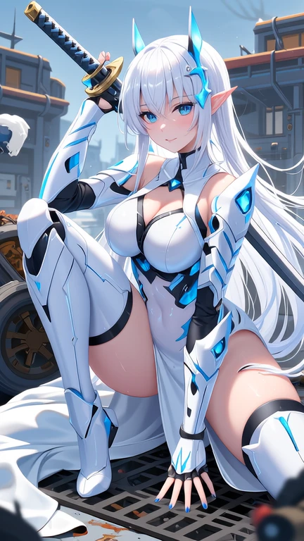 Highest image quality), (Works of masters), (Detailed eye description), (8k wallpaper), (Detailed facial depiction), Bright colors, Look at the audience, solo person,(full bodyesbian:1.1), (Sturdy stone:1.4|((Mecha body：1.1），Mecha fuselage details，Get wet，face expressionless，paleskin，blue colored eyes，((Masterpiece)),((Best quality)),(ultra - detailed),(illustration),((Extremely Delicately Beautiful)),(Dynamic Angle), 1girll, Flowers, Spring, beside the window, Rose, Detailed: face，long eyelasher，dim eyesight，tight-fitting，Raised sexy，head gear，Transparent white swimsuit，silber hair，White lace pantyhose ,did not wear panties，8K，Whole body diagram，Crouch on the desk，Spread your legs wide，Feet on the table，Leaning back，Open your hands upwards，As if caught something