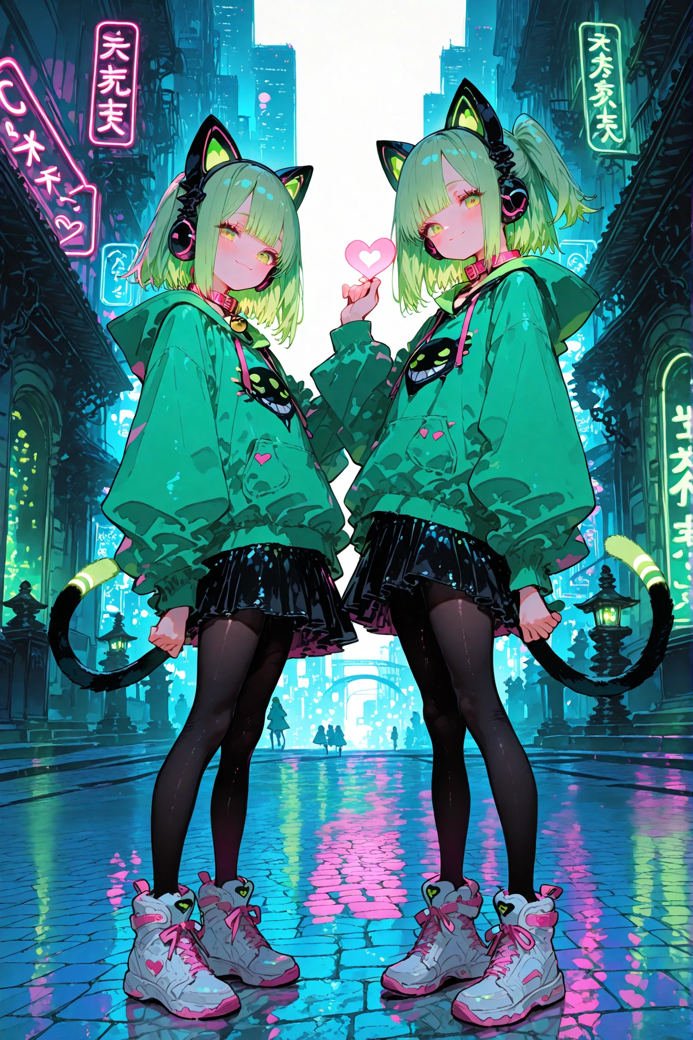 Two anime-style female figures are standing side-by-side in a futuristic, neon-lit cityscape. The figure on the left has pale green hair, green eyes, and a small smile, and wears a green hoodie, a black skirt, and white shoes. A glowing green heart is floating in her hand. The figure on the right has black and green hair, a black mask, and a pink collar with a black skirt and black tights, holding her hand up, looking at a heart shaped light. Both figures have cat-like ears and are oriented towards the viewer. The environment is dominated by a narrow alleyway with glowing neon signs in Japanese and reflections on the wet, multi-colored pavement. The lighting is vibrant and dramatic, using neon pink, blue, and teal. The background also includes a small figure of what seems to be a pokemon. The overall style is a blend of cyberpunk and anime aesthetics. The perspective is a low angle, emphasizing the towering buildings and the figures' presence.