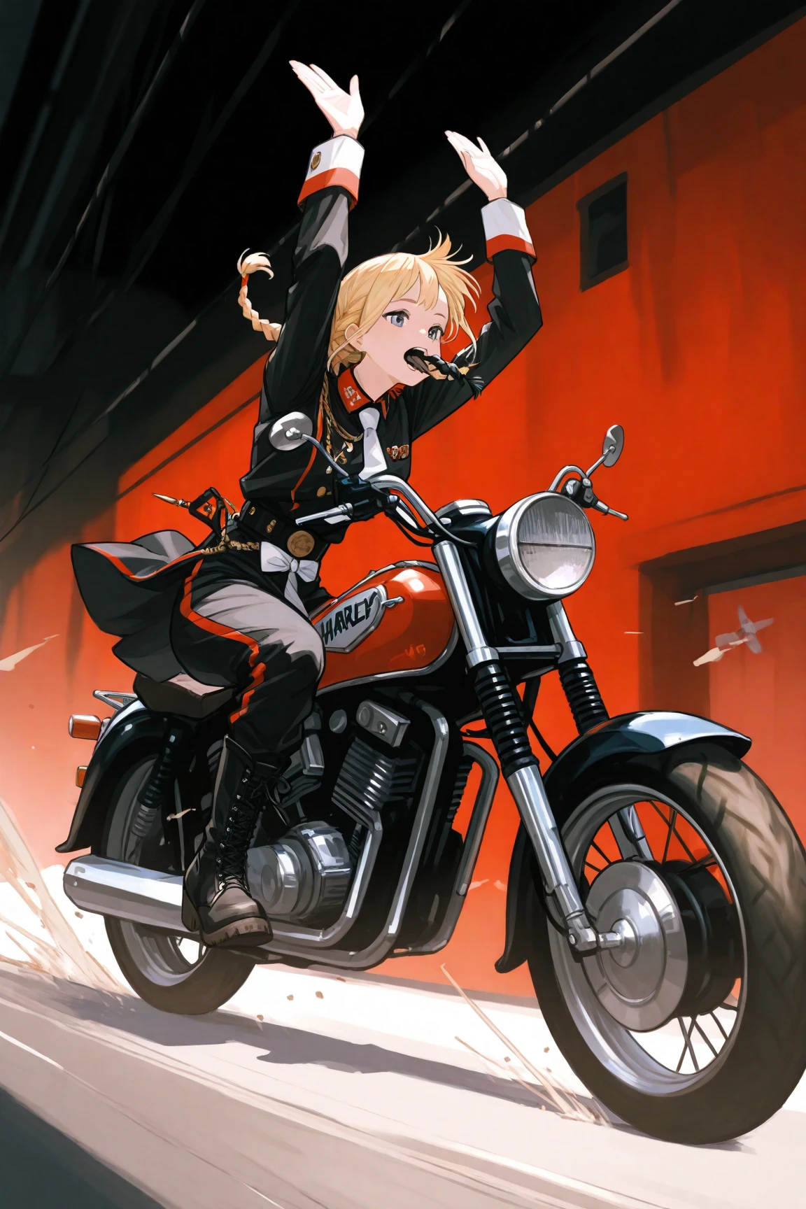 Golden hair, golden eyes with black pupils, woman, cruiser motorcycle, big chest, motorcycle goggles, happy, big smile, dirty, burning city at night, zombie apocalypse, tattered black streetwear, speeding, highly detailed, perfect eyes, well defined eyes, highly detailed eyes, expressive eyes, perfect hands