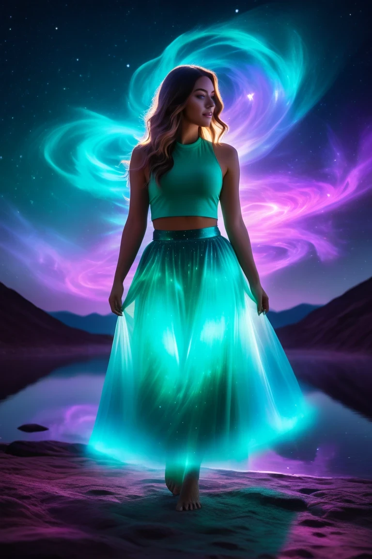 A woman in translucent glowing Teal skirt standing in cosmic night. translucent glowing aura, pulse with a soft, teal light, as if infused with the essence of the stars. Purple and teal glowing energy aura smoky magic light.