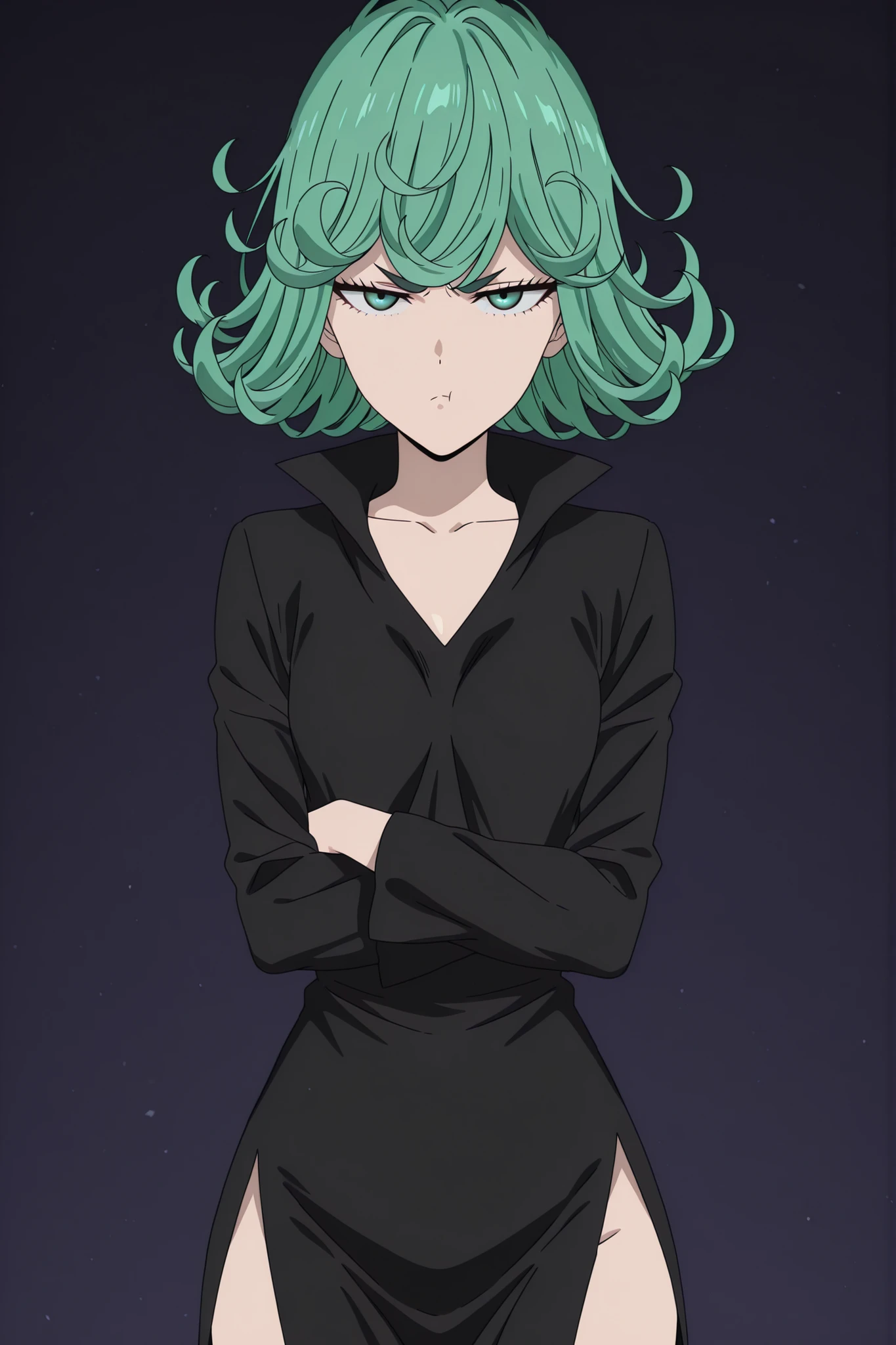 tatsumaki, tatsumaki (one-punch man), green hair, green eyes, short hair, curly hair, mature female, small breasts, anime screencap,,dress, black dress, side slit, collarbone, long sleeves, masterpiece, high quality, 1girl, solo, crossed arms pose, from bleow, cowboy shot, pout, looking at viewer, simple background