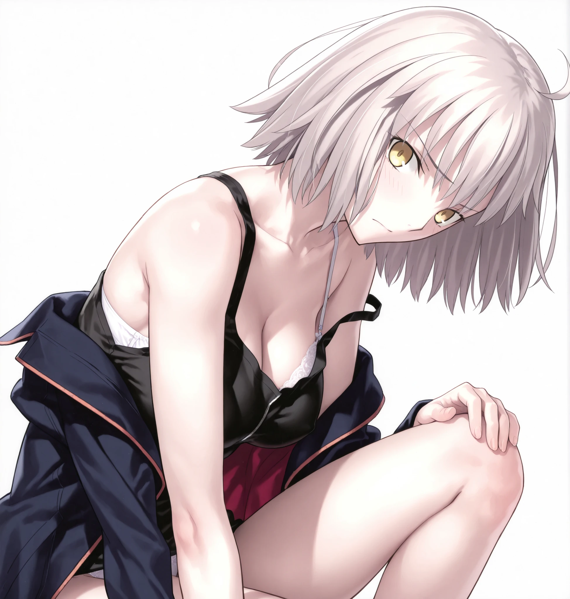 masterpiece, , absurdres, highres, detailed background, high resolution, masterpiece, necessary, detail, best quality, quality, necessary, details, High details, Precise, 8k, ,(white background, simple background), , from side, upper body ,close up ,
1girl, , (type-moon) style, ,Takeuchi Takashi style, (aged up), long legs, , (one knee up), panties slip ,leaning forward, head tilt (),
very tall girl, girl, slim arms ,Jeanne d'arc alter shinjuku , short hair ,yellow eyes, light gray hair, off shoulder ,jacket, black tank top, strap slip, white bra strap, (one_knee,hand_on_own_knee),looking_at_viewer, , light embarrassed,,