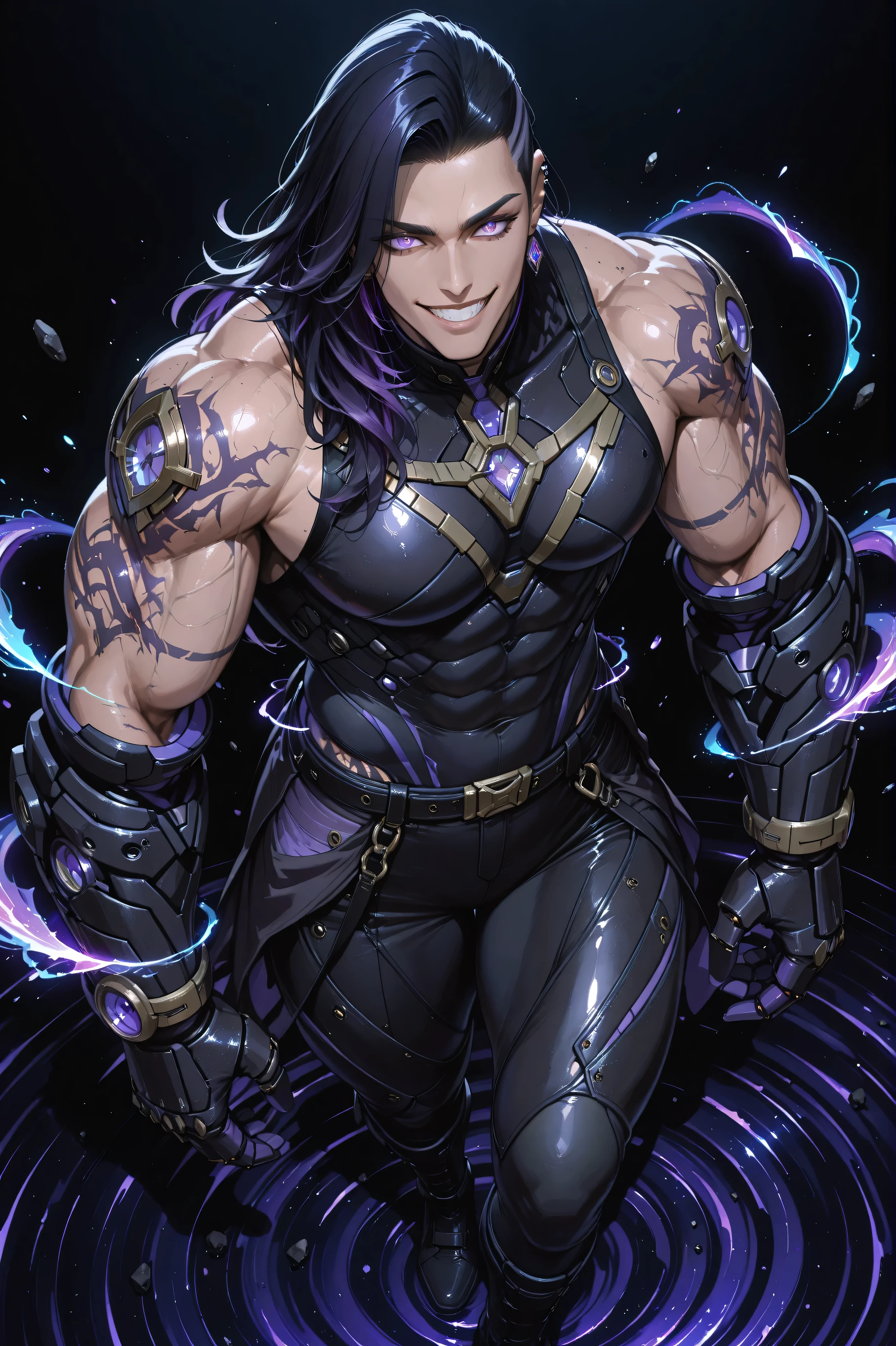 Full body shot from above, showing a tall, mature, and extremely muscular man with fair skin and a fierce, confident grin. His long messy tied side cut long tied black hair with dark violet streaks flows freely around his shoulders, caught in unseen gravitational pull. His piercing purple eyes glow faintly with crushing intensity. He wears a sleeveless black combat top with purple violet accents and tight-fitting black combat pants with purple violet accents. His massive reinforced black gauntlets and tall reinforced boots hum with pulsing violet energy lines that distort the air around them. Dark purple tattoos spiral across all over his body, glowing softly like orbiting energy currents.
He stands tall and composed, arms relaxed yet charged with power, presence heavy and commanding as if gravity itself bends to him. A dense swirl of black and violet mist circles his body, faint debris hovering weightlessly in his aura. Simple black background, cinematic anime lighting, ultra-detailed, radiating a calm, dominant, and powerful gravity atmosphere.