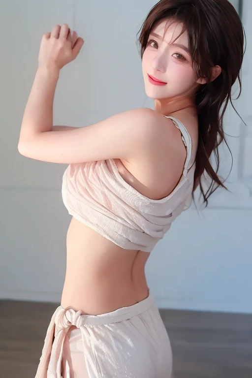 (((((Mai Shiraishi, pink brassiere, white pleats skirt, cowboy shot, back shot, back view, looking ahead, arched back, arms up, dark brown very short hair, , standing))))((( masterpiece, best quality, highly detailed, absurdres, RAW photo, ultra high resolution)))), highly detailed face and skin texture, detailed eyes, clear focus, an asian young and beautiful girl, white skin, real human skin, oval face, pores, gentle and goddess-like eyes, lip gloss, eyelashes, Gloss Face, Wide Lighting, Natural Shading, Small Waist, Slender Body, Slight Smile, Clear Features, Beautiful Face, Double Eyelids, Sagging Eyes, at Office