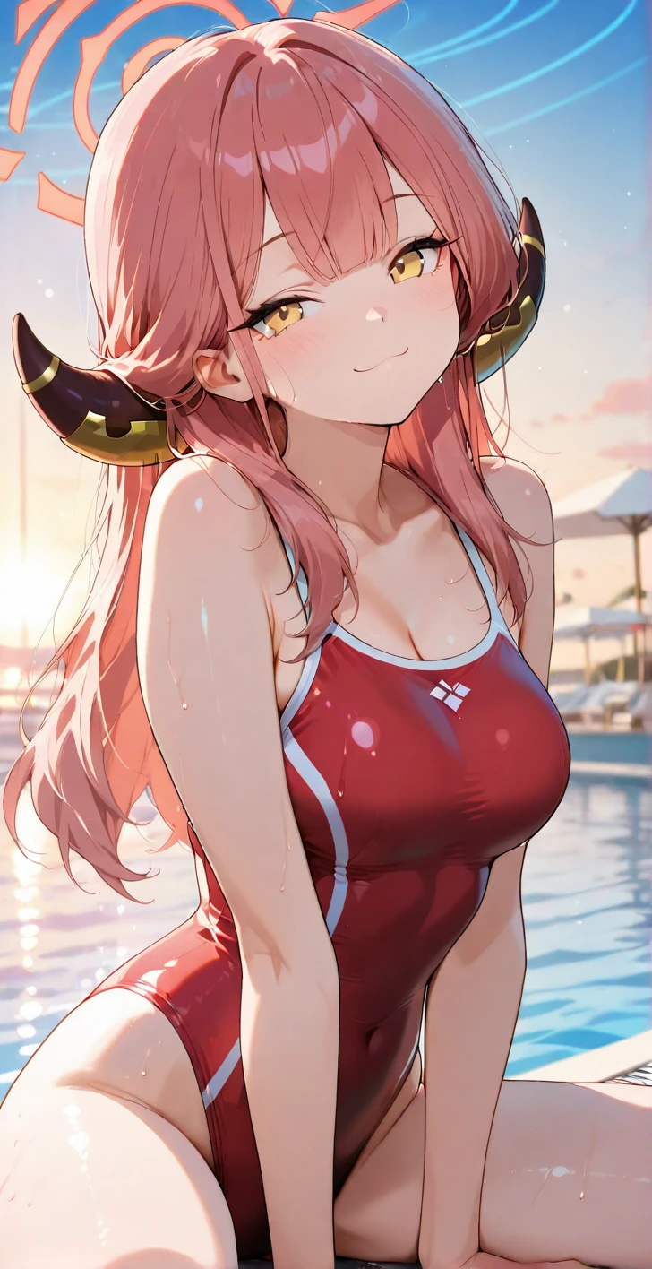 zoe rayne, 1girl, solo, twintails, split-color hair, pink eyes, red bikini, bare shoulders, (looking at viewer),pov, long hair, blunt bangs, black choker, medium breasts, pale skin, (pink hair), black hair, sidelocks, outdoors,beach, palm, ocean,sitting, hand between legs,from above,stone wall, (best quality, masterpiece)