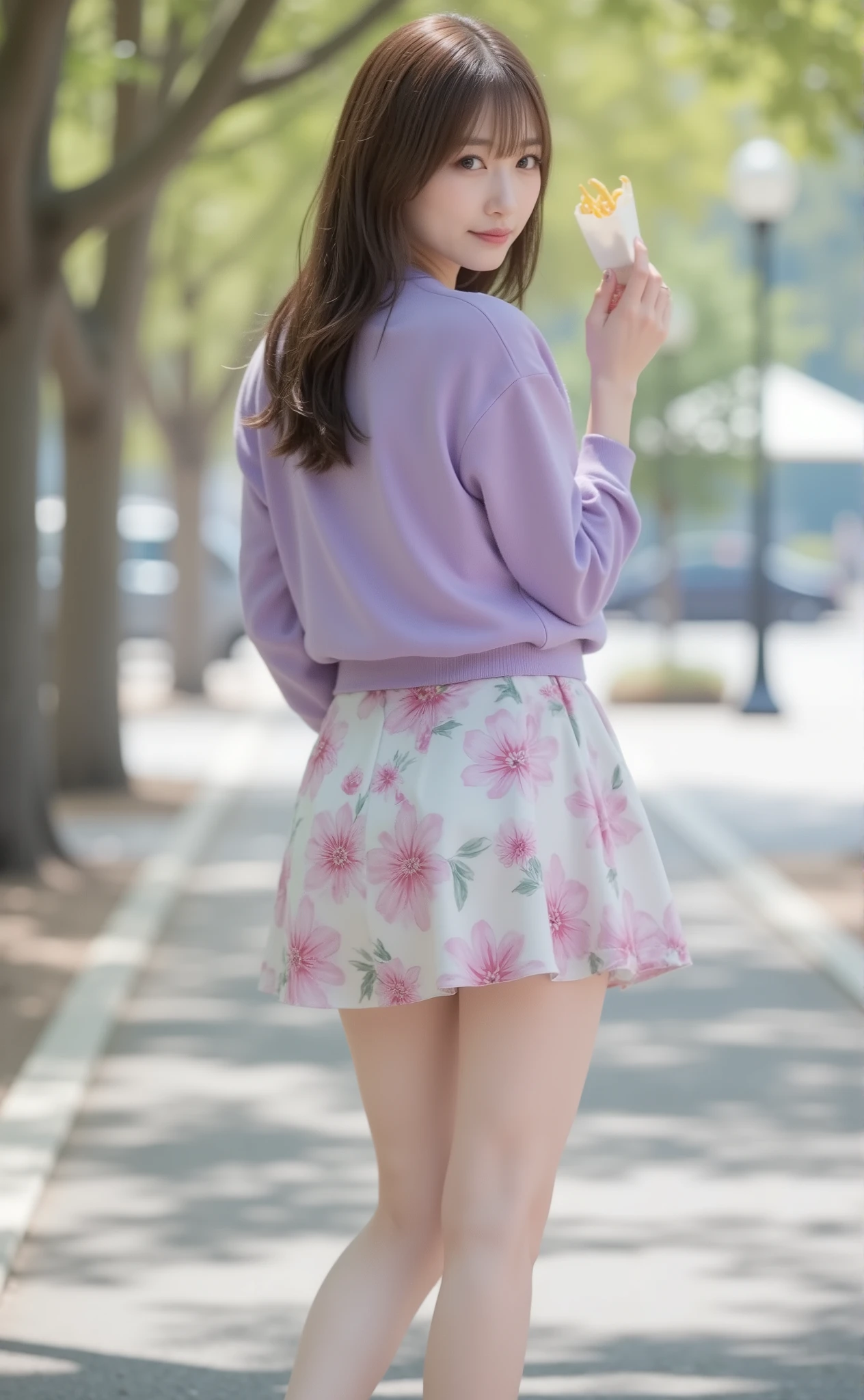realistic texture like the picture、Stepping like dancing in a park on a mountain with beautiful fall foliage:1.8、holding McDonald's french fries in her hand:1.8、The sky is clear、I'm showing my back and profile、full body shot without underwear、Sticking out your ass、mini skirt:1.8、in 8K:1.5,Best Quality:1.4, 超A high resolution:1.5, (Photorealistic:1.4),​masterpiece:1.2,(top-quality:1.4)、Raw photo、１a japanese girl、Cute、 (RAW photo:1.2), (photorealistic with his hands on his shoulders:1.4), a girl with a beautiful detailed expression, (((very detailed eyes and face, beautiful and detailed eyes,  Highly detailed faces、have a smiling face))), masterpiece,Amazing, One person, ((Dynamic Poses)), (Shy smile:1.５)）, Smooth skin、30-years old:1.5、Beautiful black eyes、natural skin textures:1.3, realistic eyes and face details、 (Brown medium hair),、middlebreasts、Autumn Day、Beautiful legs:1.6、A date with her、Best Smile、Nogizaka、young woman standing、long brown hair swaying in the wind、 Natural Makeup、Soft sunlight 、bright blue sky、Relaxed Atmosphere、detailed background、full body shot without underwear、She is wearing a pale purple sweater and a long floral skirt、The skirt is painted with pale pink and purple flowers based on white、The hair is long brown and naturally wavy、The background is bright and the overall atmosphere is soft and elegant、Park trees々Are the leaves fall beautifully