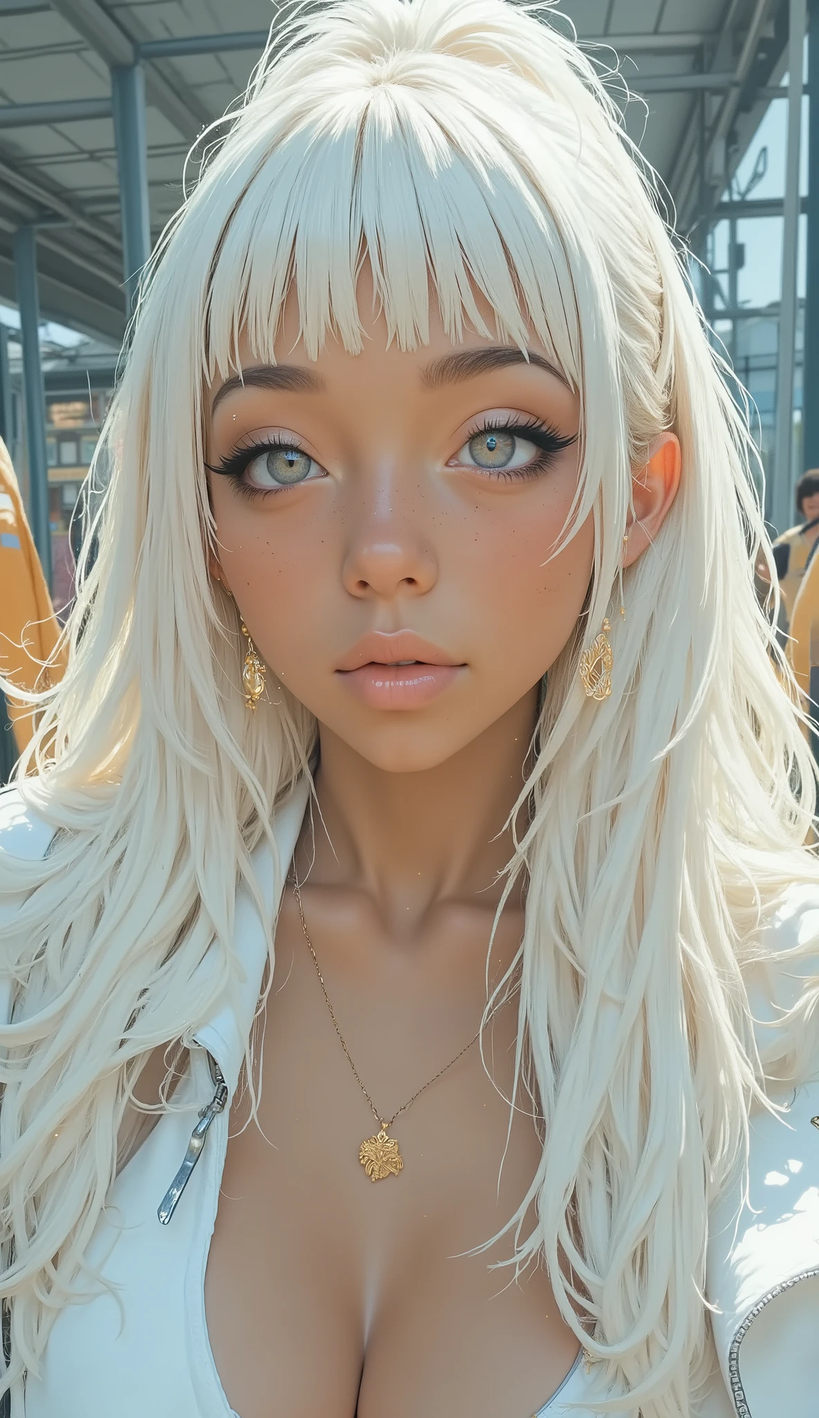 Blond girl with long hair and white jacket,dark skin、 white bangs, hair whitebangs hair, princess cut, Fluffy bangs, 白いprincess cutの髪型, whitebangs, extremely light blond hair, with full bang, messy bangs, her hair is white, long white hair and bangs , white fringed hair, full bang, very very light blond hair, beige hair from before sitting