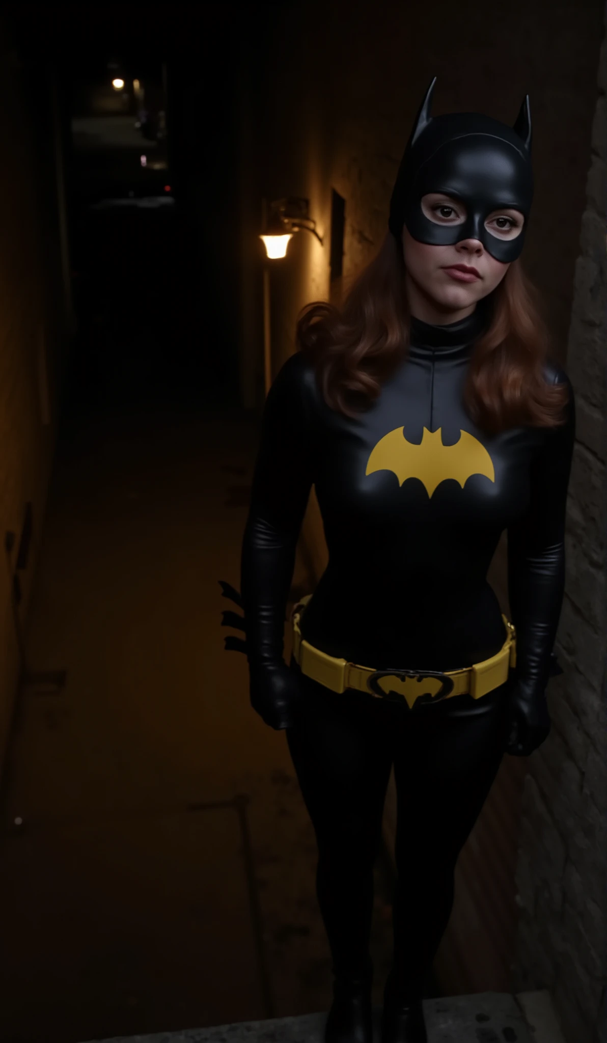 Nighttime. dark , full body shot of Christina Ricci with dark red hair viewed from directly above, dressed as batgirl wearing a full length black rubber with a yellow batgirl symbol on the , she stands several stories up, on a metal fire escape ladder attached to a building looking down at an alley, She has a perfect detailed face in sharp focus, perfect , two arms, two legs, perfect hands. She stands in a dark alley, with most of the light coming from a single amber colored street lamp above her, the alley is illuminated by another lamp in the distant background, viewed from directly above, she is looking down at a black 1973 Corvette parked in the alley below.