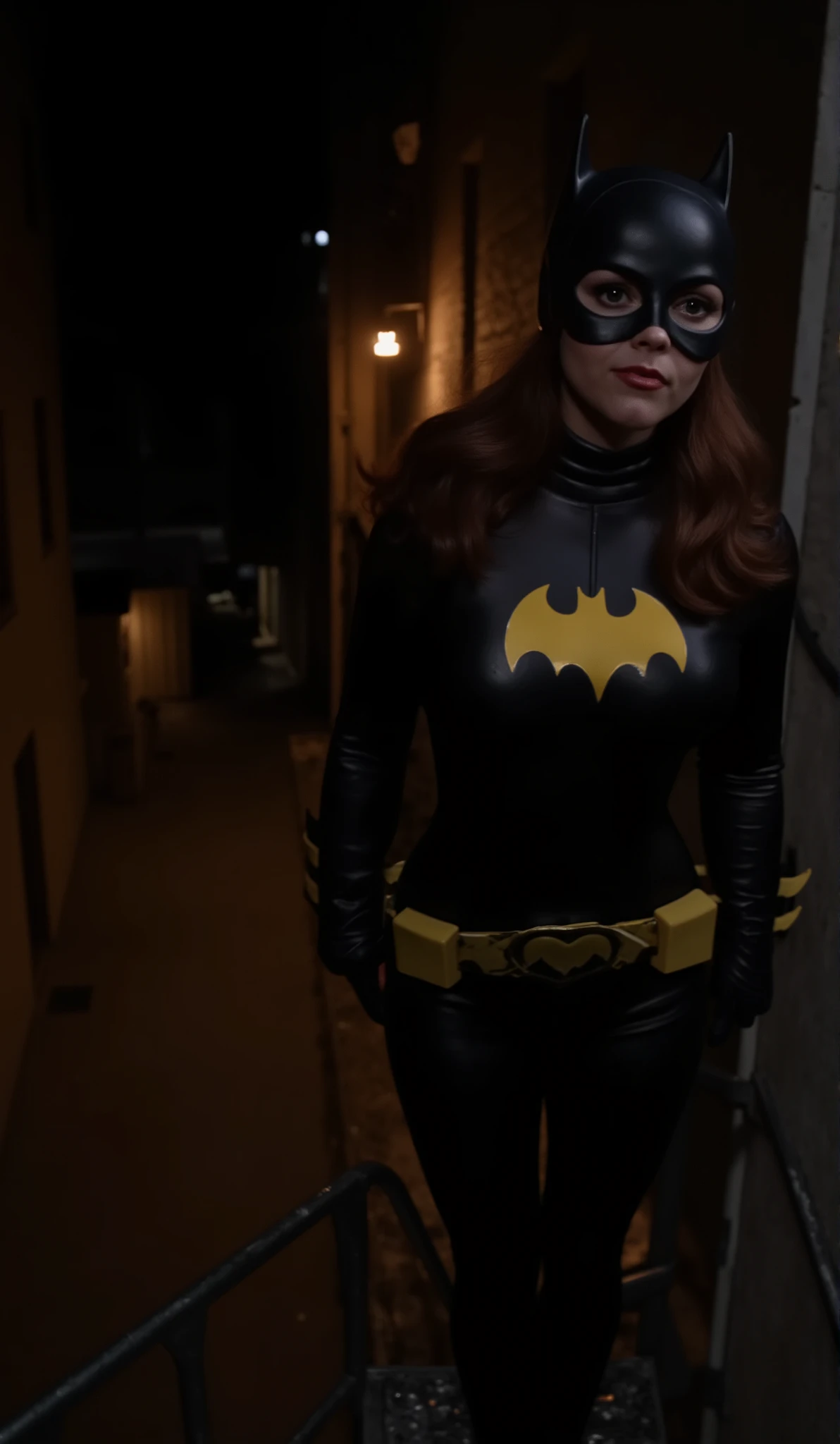 Nighttime. dark , full body shot of Christina Ricci with dark red hair viewed from directly above, dressed as batgirl wearing a full length black rubber with a yellow batgirl symbol on the , she stands several stories up, on a metal fire escape ladder attached to a building looking down at an alley, She has a perfect detailed face in sharp focus, perfect , two arms, two legs, perfect hands. She stands in a dark alley, with most of the light coming from a single amber colored street lamp above her, the alley is illuminated by another lamp in the distant background, viewed from directly above, she is looking down at a black 1973 Corvette parked in the alley below.