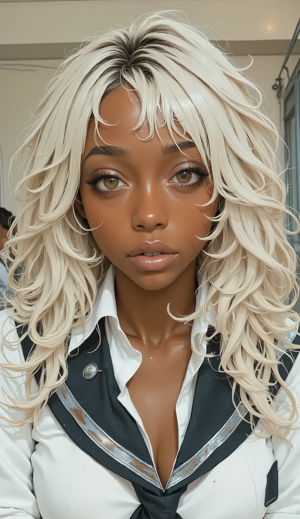 blond woman with messy haircut and white blouse, dark skinned curly blond hair, disheveled wavy white hair, extremely light blond hair, white curly hair,  Shirohime Cut Hairstyle , short curly haired blonde girl, very very light blond hair, her hair is white, Pale hair, pale smooth dark skin, white fringed hair, 🤤 Female Portraits