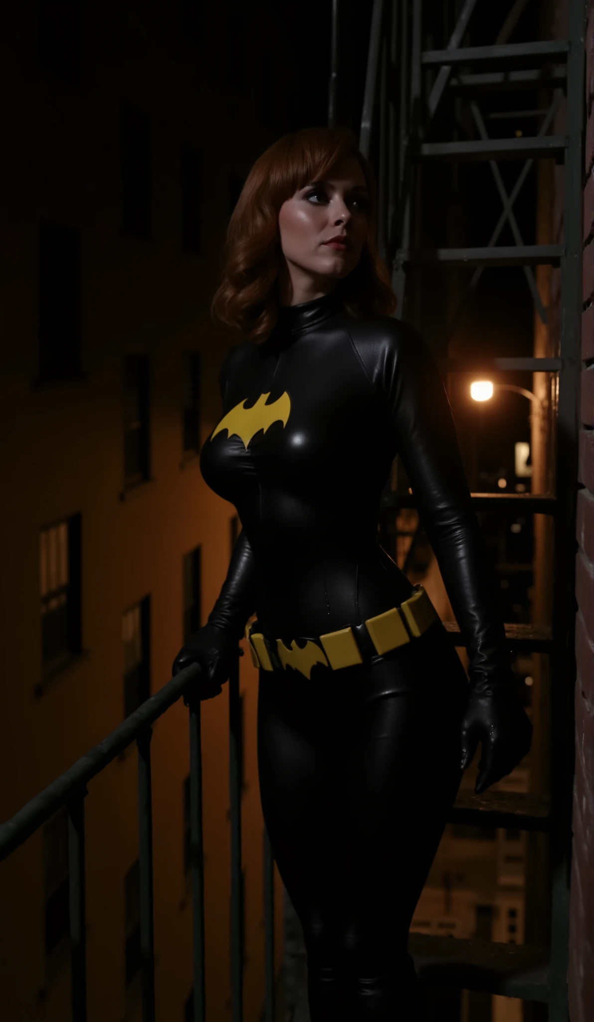 Nighttime. dark , full body shot from above, looking down, side view of Christina Ricci with dark red hair, dressed as batgirl wearing a full length black bodysuit with a yellow batgirl symbol on the chest, covered nipples, she stands on a metal fire escape ladder attached to a building looking over an alley, She has a perfect detailed face in sharp focus, perfect anatomy, two arms, two legs, perfect hands. She stands in a dark alley, with most of the light coming from a single amber colored street lamp above her, the alley is illuminated by another lamp in the distant background, from above