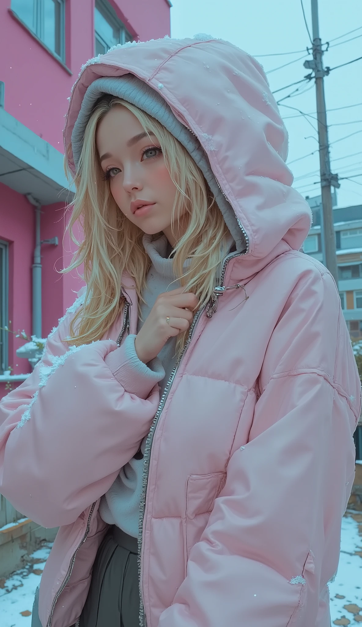 will make you feel warm in chilly temperatures, carry, The overall image shows a cool climate. Modern architecture in the background, The bright pink eXterior contrasts with the eXterior. The inside of the hood with hair peeking out from {x} It looks like it's lined with dark colored cloth、The clothes and environment are reminiscent of fall and winter {X} you can see a glimpse of blonde hair. people wearing a hood, showing small breasts。probably from a bag or camera, on her face . People wearing a light pink puffer jacket, This is a white、Beautiful chest angle, , to this woman. the sky is thin and cloudy, and a cloudy day . {{x}} In contrast to, The inside of the hood with hair peeking out from {x} It looks like it's lined with dark colored cloth.