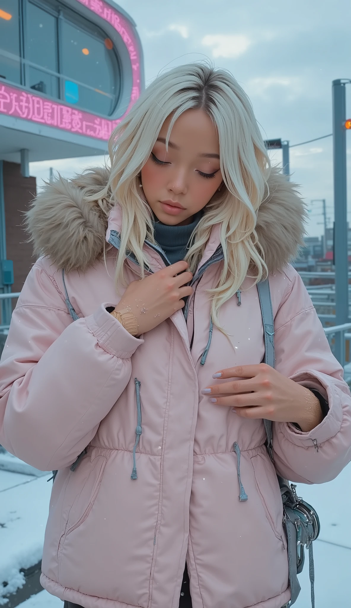 will make you feel warm in chilly temperatures, carry, The overall image shows a cool climate. Modern architecture in the background, The bright pink eXterior contrasts with the eXterior. The inside of the hood with hair peeking out from {x} It looks like it's lined with dark colored cloth、The clothes and environment are reminiscent of fall and winter {X} you can see a glimpse of blonde hair. people wearing a hood, showing small breasts。probably from a bag or camera,   on her face  . People wearing a light pink puffer jacket, This is a white、Beautiful chest angle, , to this woman. the sky is thin and cloudy,  and a cloudy day . {{x}} In contrast to, The inside of the hood with hair peeking out from {x} It looks like it's lined with dark colored cloth.