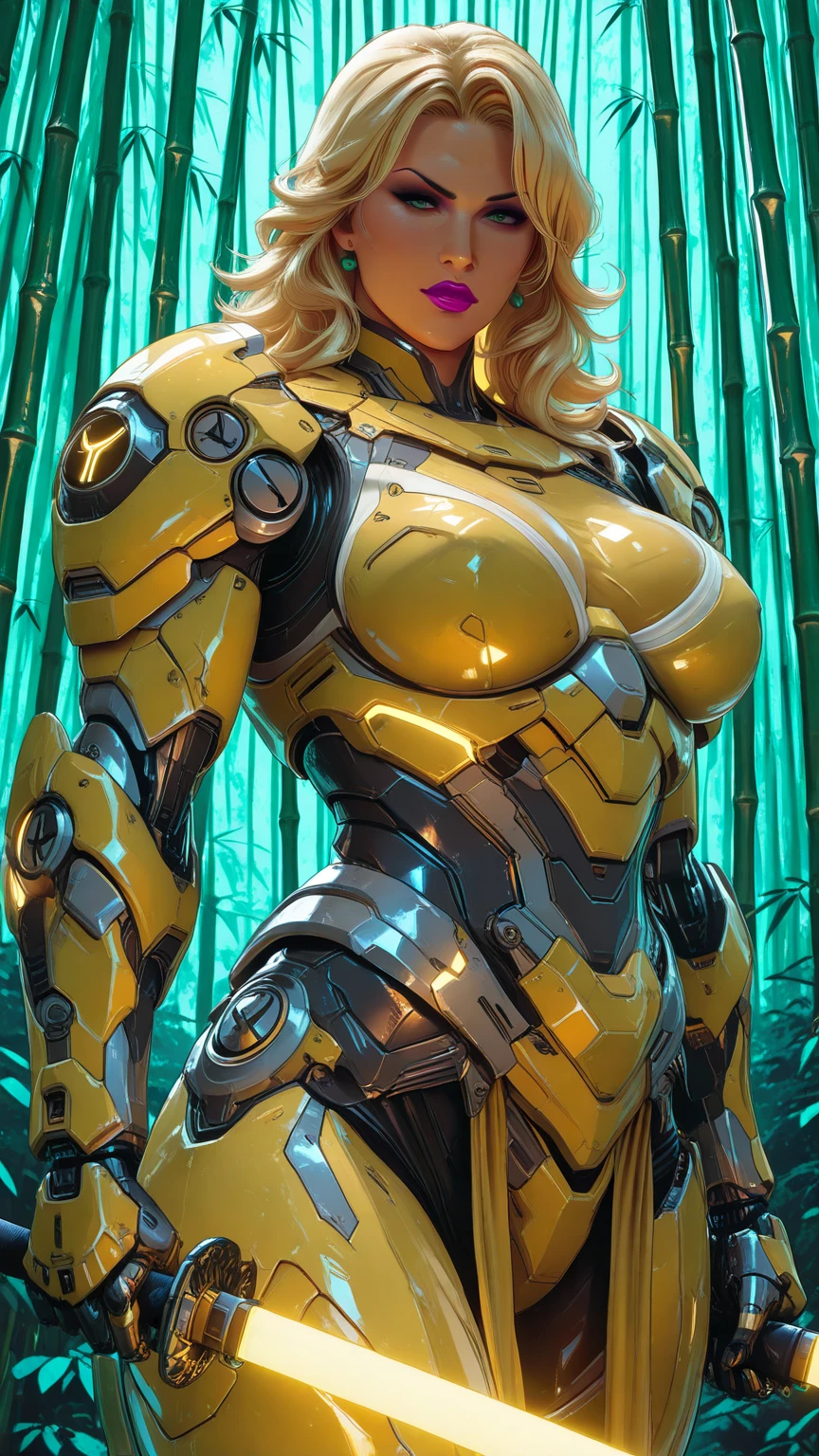 Cinematic, hyper-detailed, and insanely detailed, this artwork captures the essence of a bald hairless muscular female android girl. Beautiful color grading, enhancing the overall cinematic feel. Unreal Engine brings her anatomic cybernetic muscle suit to life, appearing even more mesmerizing. With the use of depth of field (DOF), every detail is focused and accentuated, drawing attention to her eyes and the intricate design of the anatomic cybernetic muscle suit . The image resolution is at its peak, utilizing super-resolution technology to ensure every pixel is perfect. Cinematic lighting enhances her aura, while anti-aliasing techniques like FXAA and TXAA keep the edges smooth and clean. Adding realism to the anatomic cybernetic muscle suit, RTX technology enables ray tracing. Additionally, SSAO (Screen Space Ambient Occlusion) gives depth and realism to the scene, the girl's anatomic cybernetic muscle suit become even more convincing. In the post-processing and post-production stages, tone mapping enhances the colors, creating a captivating visual experience. The integration of CGI (Computer-Generated Imagery) and VFX (Visual Effect brings out the anatomic cybernetic muscle suit's intricate features in a seamless manner. SFX (Sound Effects) complement the visual artistry, immersing the viewer further into this fantastic world. The level of detail is awe-inspiring, with intricate elements meticulously crafted, the artwork hyper maximalist and hyper-realistic. Volumetric effects add depth and dimension, and the photorealism is unparalleled. The image is rendered in 8K resolution, ensuring super-detailed visuals. The volumetric lightning adds a touch of magic, highlighting her beauty and the aura of her anatomic cybernetic muscle suit in an otherworldly way. High Dynamic Range (HDR) technology makes the colors pop, adding richness to the overall composition. Ultimately, this artwork presents an unreal portrayal of a super muscled cybernetic female android