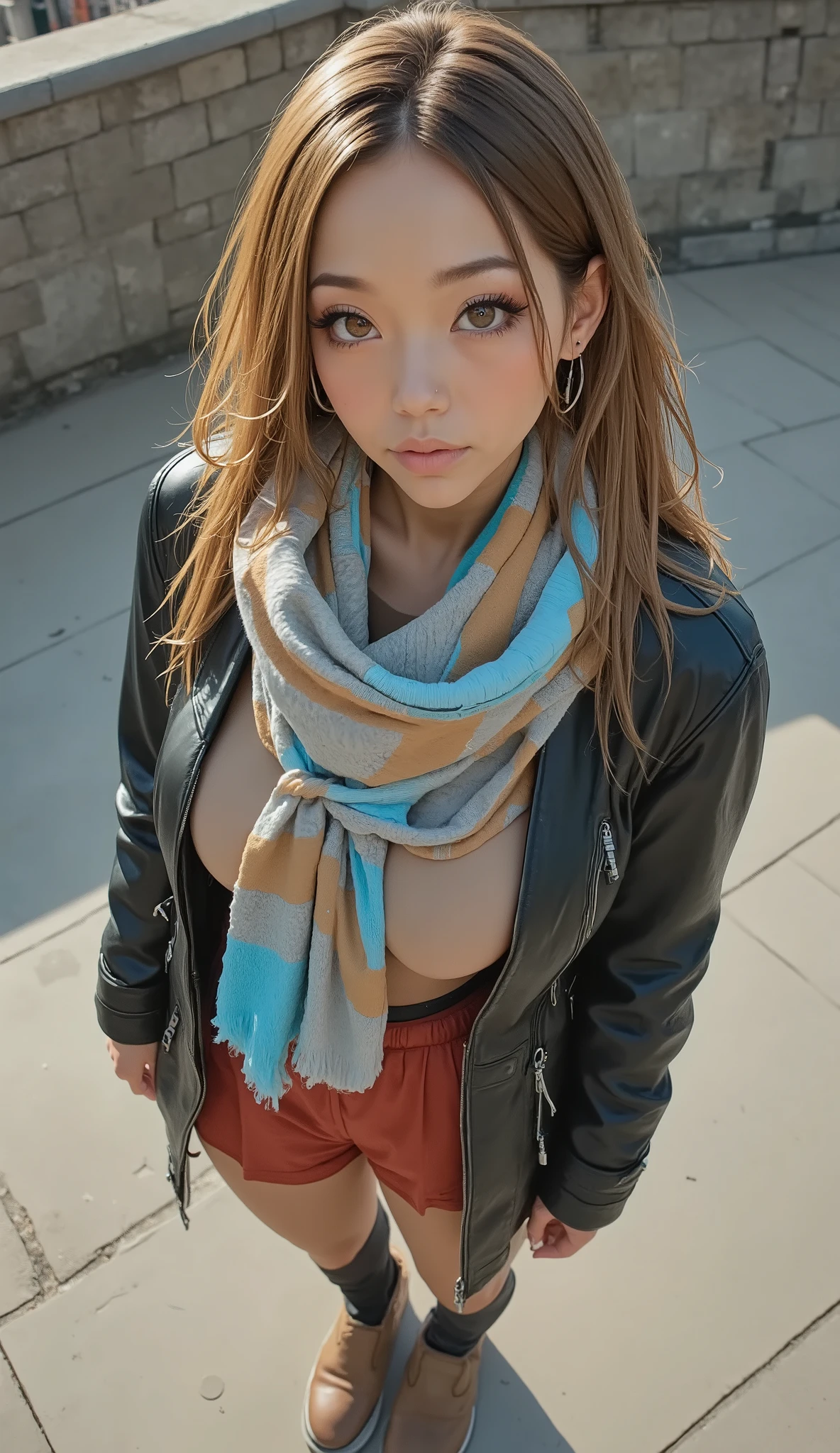 Top Down Angle, standing on a paved surface. they are wearing colorful , suggest warmth, Yellow, green, and blue color, add vibrancy to the image . a subtle shadow is cast on the pavement, that shows small breasts。, accented with tan stripes, hints at the sun being low in the sky. brown hair flows down and、comfortable, tops、 a dark leather jacket gives off a casual yet stylish vibe. a layered texture featuring a mix of red, A person is seen from。, probably late in the afternoon. a thick scarf in muted tones of gray and light blue {x} a stone wall in the background evokes an outdoor atmosphere, perhaps near a park or urban area. casual and relaxed, there is a slight coolness in the air.