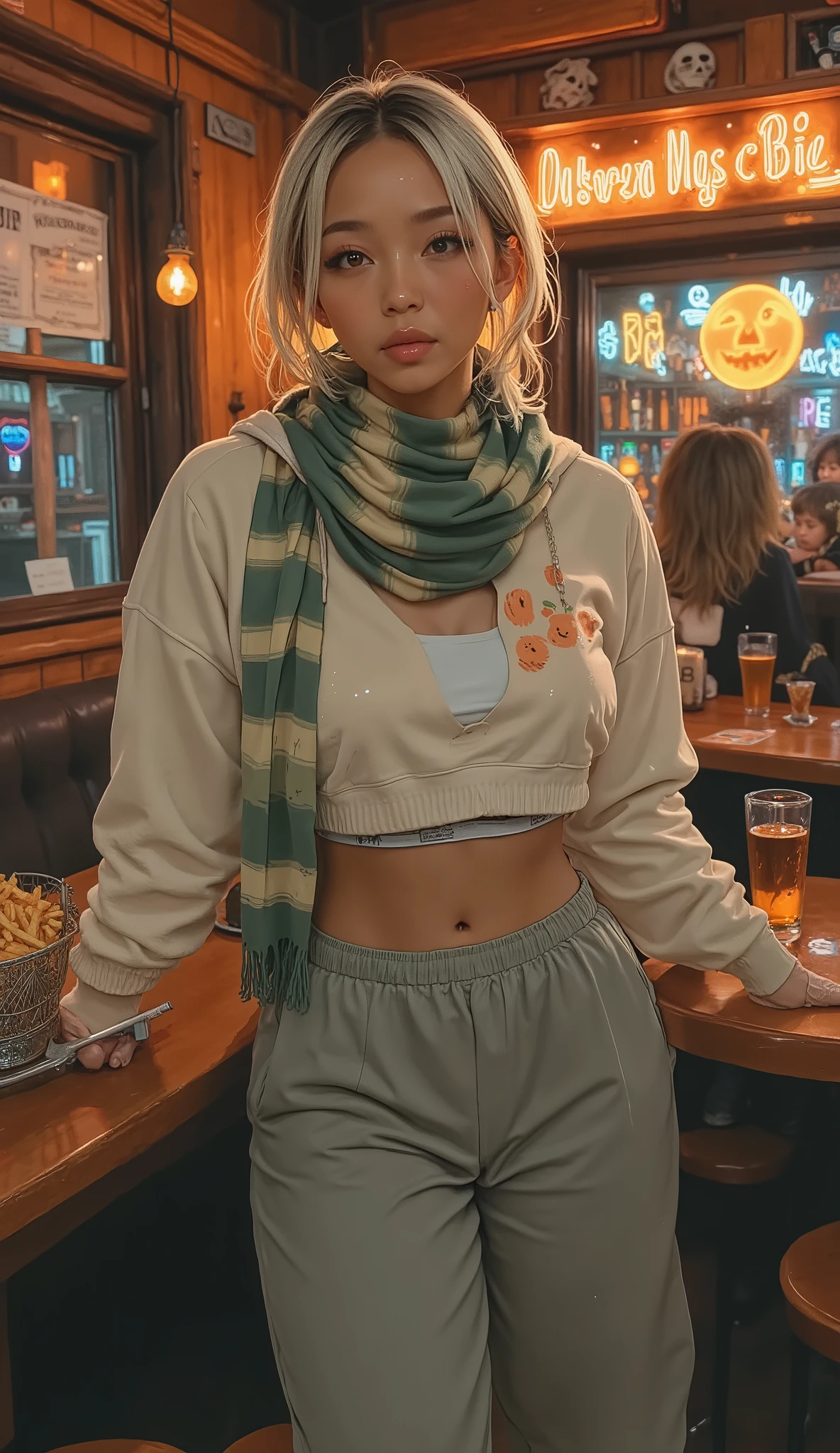 Stylish clothing consisting of a light hoodie with a hood {x} A woman is standing in a warm bar with a Halloween theme, round wooden in front of her The table is reminiscent of. 彼女teethカジュアルな服を着ています, contribute to a laid-back, social mood at gatherings, Tightening belt around waist, and loose fit pants. 彼女のアンサンブルにteeth、a basket of fries, a glass of water, etc., Add some color. 女性teethタバコをそっと片手に持っています, teeth、long green and cream scarves are attached; stripes, creates the vibe of a slightly rebellious scene. 彼女の目の前の丸い木製のテーブルの上にteeth、decorations hanging in the background、with various foods。, casual dining setting. 薄暗い環境と壁のアートワークteeth、cozy, An intimate space perfect for social gatherings.