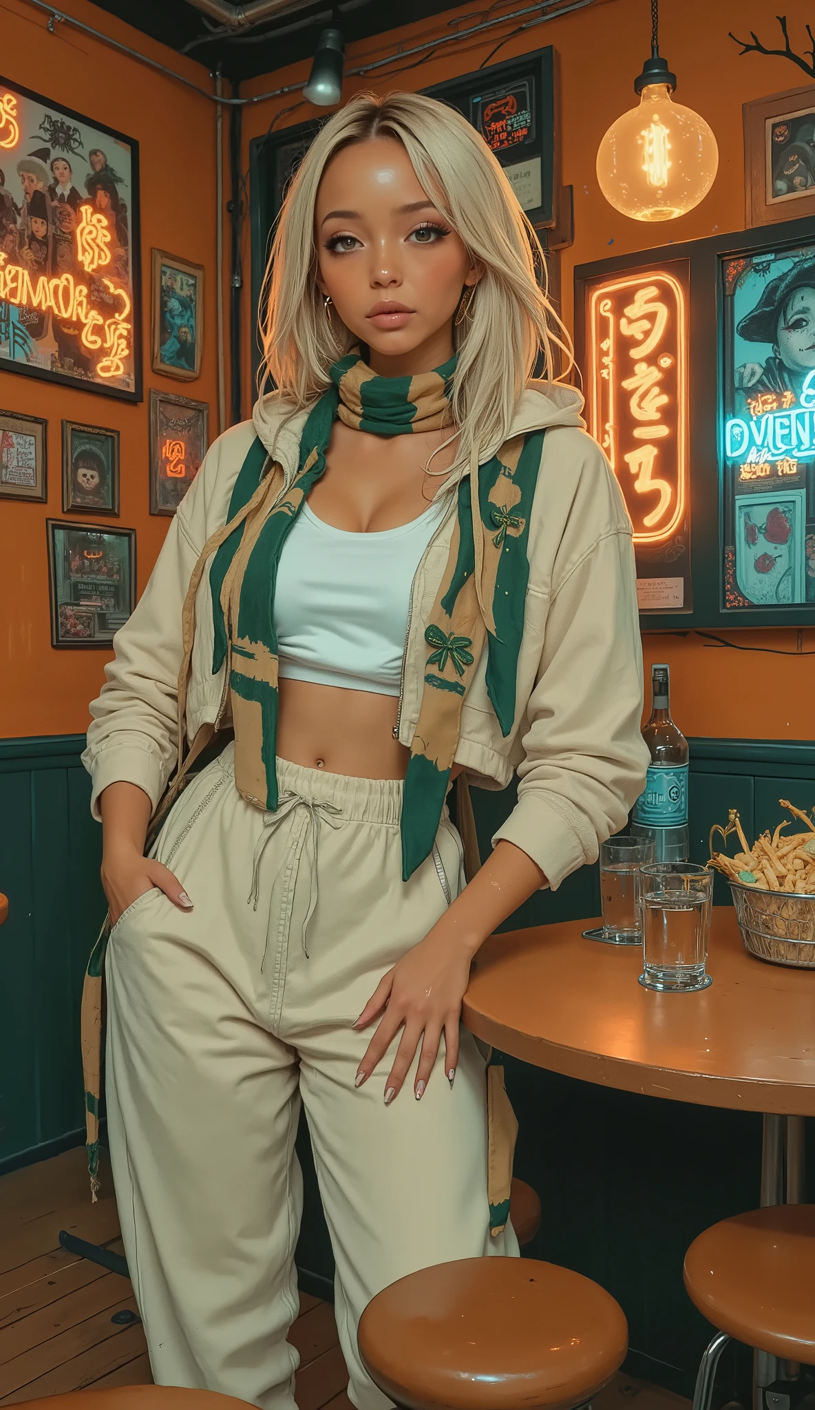 Stylish clothing consisting of a light hoodie with a hood {x} A woman is standing in a warm bar with a Halloween theme, round wooden in front of her The table is reminiscent of. 彼女teethカジュアルな服を着ています, contribute to a laid-back, social mood at gatherings, Tightening belt around waist, and loose fit pants. 彼女のアンサンブルにteeth、a basket of fries, a glass of water, etc., Add some color. 女性teethタバコをそっと片手に持っています, teeth、long green and cream scarves are attached; stripes, creates the vibe of a slightly rebellious scene. 彼女の目の前の丸い木製のテーブルの上にteeth、decorations hanging in the background、with various foods。, casual dining setting. 薄暗い環境と壁のアートワークteeth、cozy, An intimate space perfect for social gatherings.