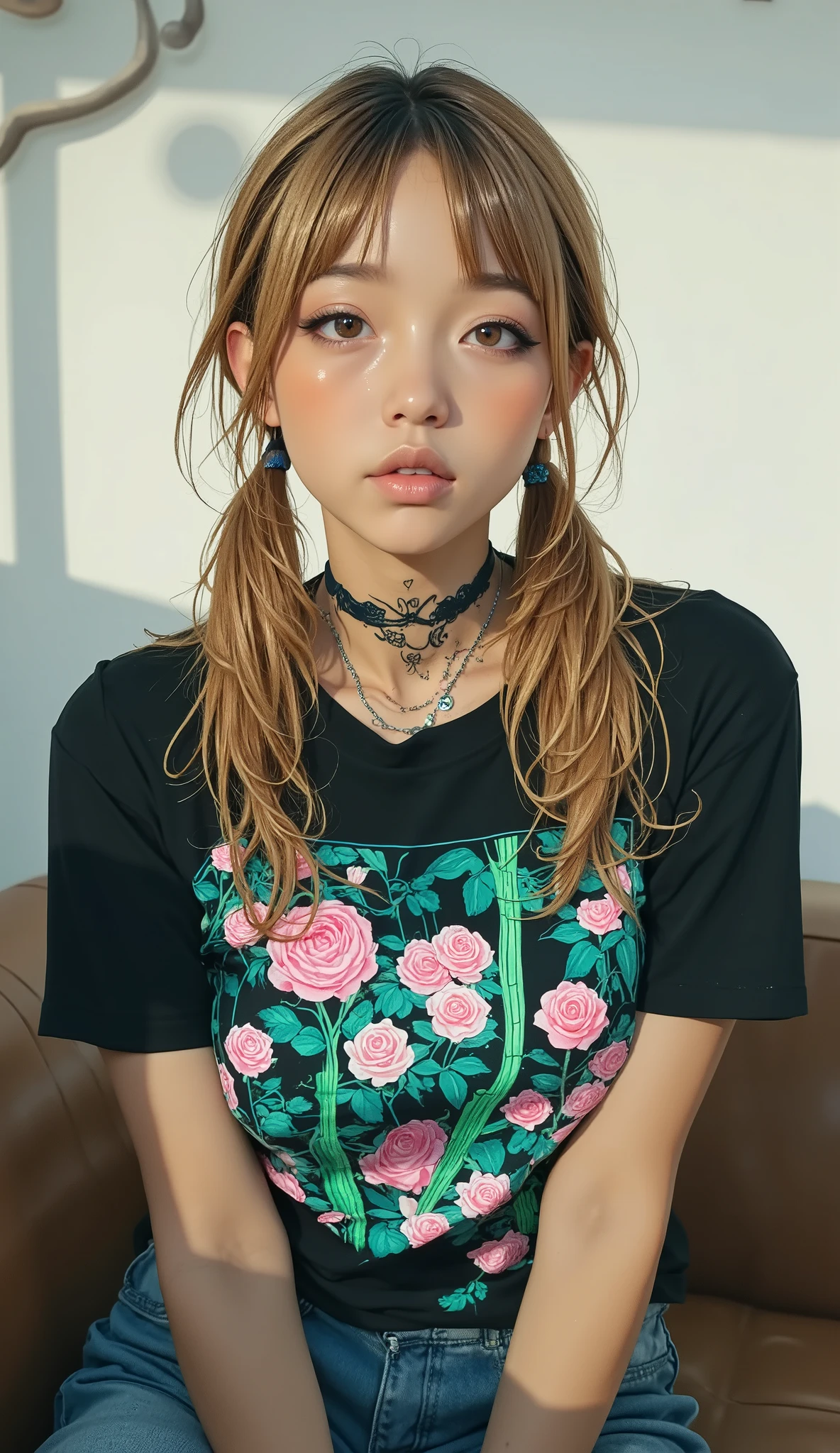 Light brown haired person styled in a playful pigtail, just resting with each tail tied loosely on the shoulders, teeth、I'm wearing a black shirt with a bright design on the front. シャツのデザインにteeth、depicts bright green tendrils and blooming pink flowers, that creates a vivid contrast with the dark fabric. 首にteeth注目すべきタトゥーが見える, It features intricate black linework and an edgy design, 個人的またteeth芸術的なステートメントを思わせる. 背景teeth無地です, It depicts bright green tendrils and blooming pink flowers casting soft shadows on a white wall, scene with soft shadows cast on a white wall , Indoor Settings. 全体的な雰囲気teethリラックスして芸術的, unique It is accentuated by a combination of hairstyles, clothing, Body Art.