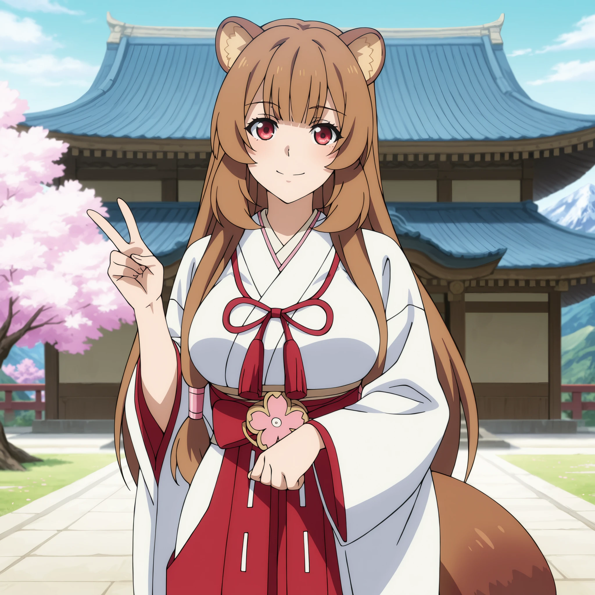anime screenshot, ultra-detailed masterpiece, best quality, 1girl, solo, bright happy smile, flushed cheeks, glowing detailed skin, straight bangs, extremely long light brown hair, red eyes, raccoon ears, fluffy raccoon tail, hair tubes, curvy body with large breasts. Wearing a white kimono with long flowing sleeves and a red hakama tied with a ribbon at the neck. She stands confidently on a scenic hill, surrounded by blooming cherry blossoms and traditional Eastern-style buildings. Mountains and clear blue skies stretch in the background. She raises her hand in a cheerful V-sign, greeting the viewer. Highly detailed anime art, vibrant lighting, cinematic composition, warm and joyful mood.