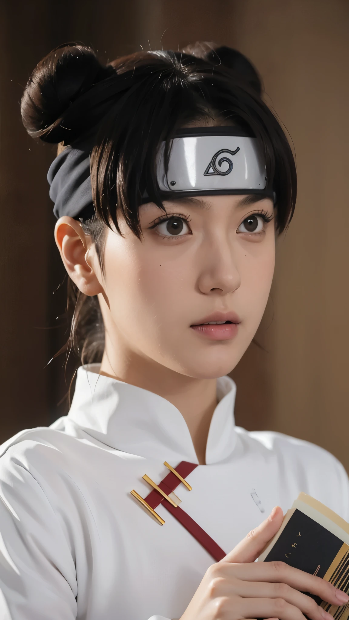 Tenten from Naruto Shippuden, half-body portrait, wearing her Konohagakure ninja headband with the Konoha symbol clearly visible, dressed in her original anime outfit, realistic and super detailed, HD quality, lifelike skin texture, detailed hair strands in twin buns, natural lighting, soft background, 8K ultra realistic anime style, cinematic portrait, expressive eyes, realistic fabric texture, dynamic pose holding her ninja scrolls
