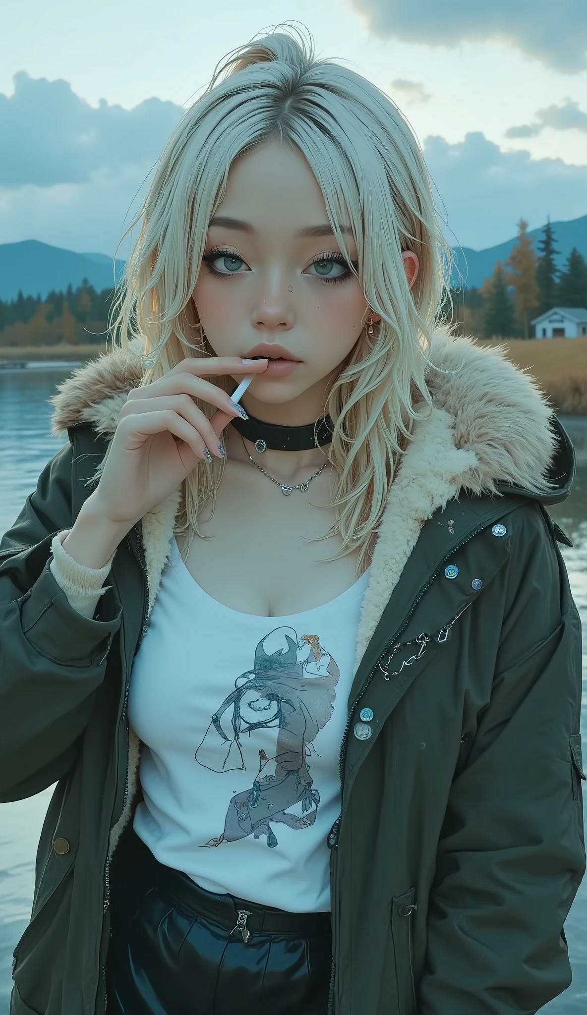 long, platinum blonde hair stands beside a calm body of water, , which draws attention with its texture. An individual is wearing a dark jacket adorned with a furry hood, brightly colored hair fading into a quiet background of mountains and sky. A black chain choker and a white top with an abstract design peeking out from below Outer layer. draped over their hand, partially covered by a long-sleeved shirt, casually bringing a cigarette close to the face. The overall vibe is calm and serene, has a monochromatic color palette and cloudy skies、adds a bit of moody and meditative vibe to the scene. The fur lining on the hood stands out vividly against the soft focus of the background, It's a stark contrast to.