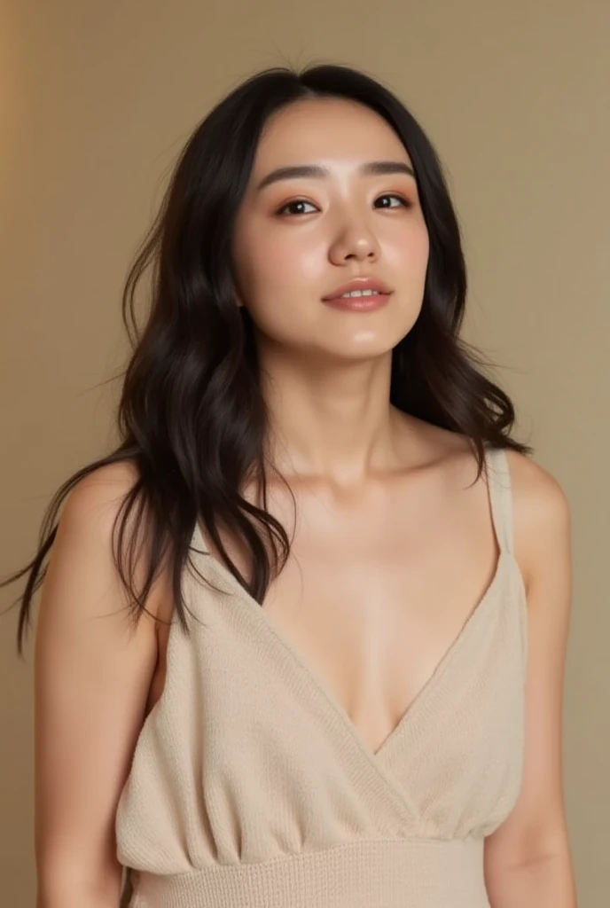 medium full shot of beautiful asian girl  with long wavy hair, wearing white halter dress, gray background, studio lighting, necklace, dslr, studio lighting, high quality, film grain, light reflections, blood vessels, pale skin, skin pores,blood vessels in sclera, detailed skin, beauty spots, skin fuzz,<lora:flux_realism_lora:1>, . <lora:makinaflux_aragakiyui_v1.0:1>