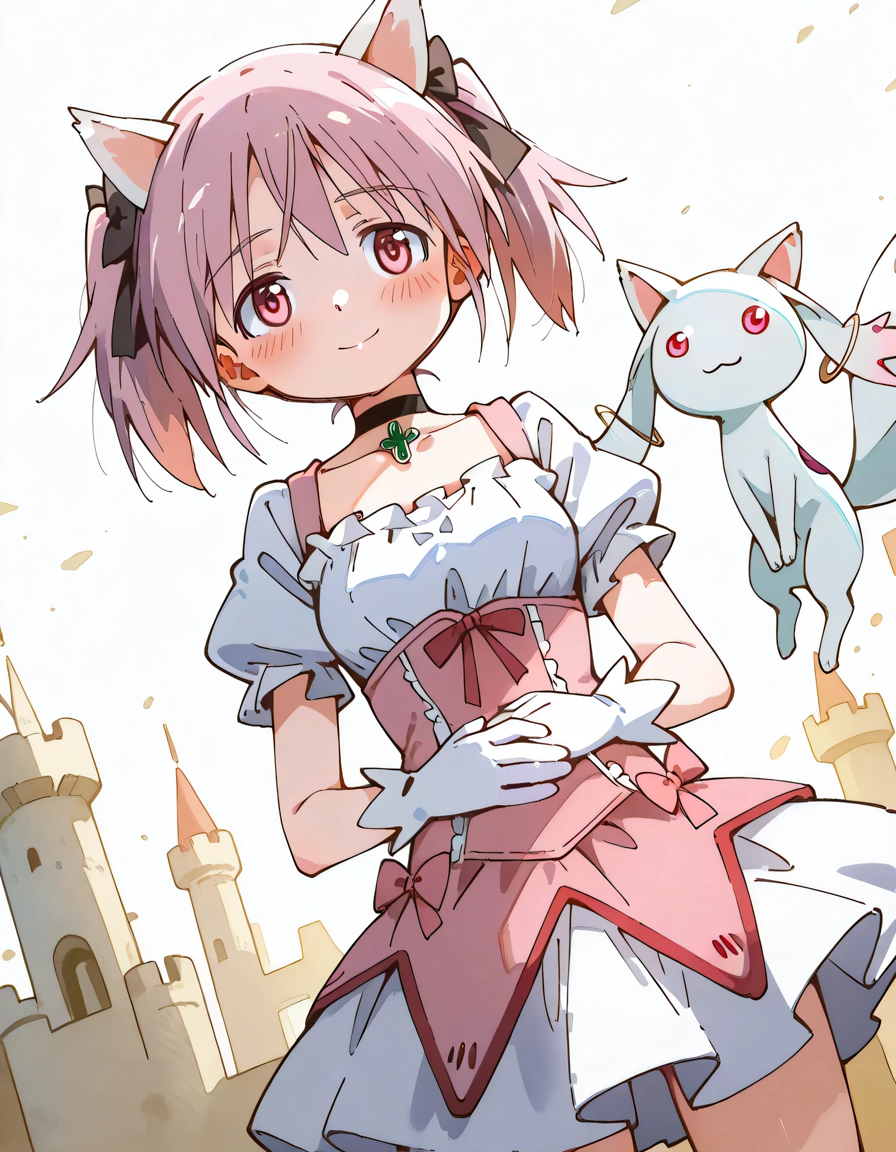 (((with Kyubey))), sideview, dutch angle, cowboy shot, madoka kaname, short hair, ribbon, twintails, hair ribbon, pink hair, pink eyes, short twintails,, skirt, gloves, dress, bow, choker, puffy sleeves, white gloves, magical girl, bubble skirt, get well flowers, comforting, quiet, smile, hands on stomach, blush,((Shadow art world (witches, strange creatures, witches' castles), watercolor-like beautiful gradation backgrounds of various colors, patchwork paintings)),