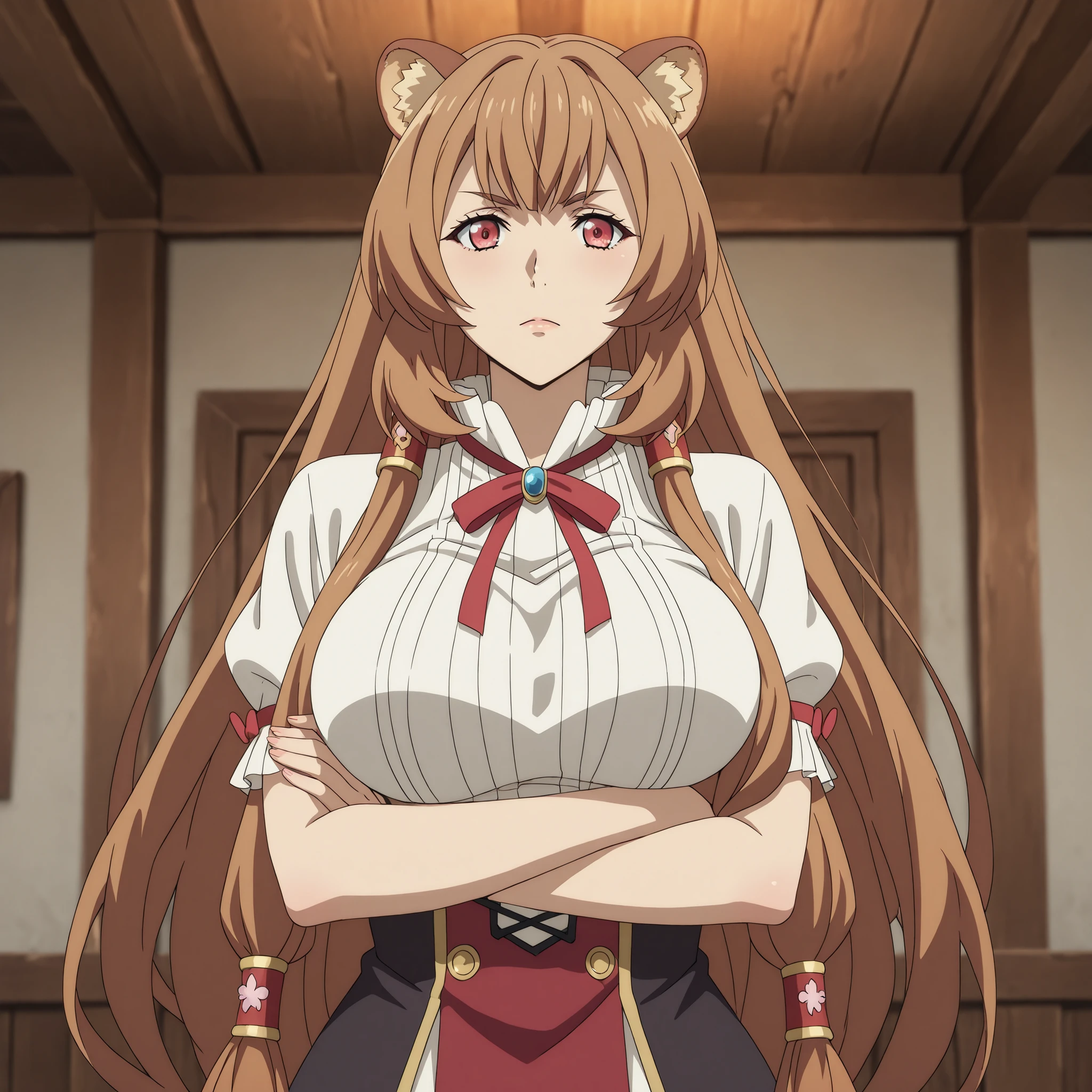 Natalia, tate no yuusha no nariagari, raccoon girl, raccoon ears, Cola de Mullida, Red Eyes, long orange hair ,, capillary tubes, She wears Raphtalia's outfit , Curvy figure medium to large breasts , is standing with her arms crossed under her breasts, , Anime art with great detail, vibrant lighting, soft and shiny skin . room background