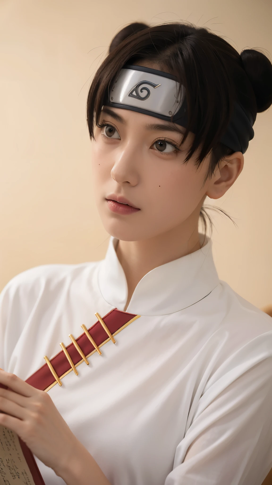 Tenten from Naruto Shippuden, half-body portrait, wearing her Konohagakure ninja headband with the Konoha symbol clearly visible, dressed in her original anime outfit, realistic and super detailed, HD quality, lifelike skin texture, detailed hair strands in twin buns, natural lighting, soft background, 8K ultra realistic anime style, cinematic portrait, expressive eyes, realistic fabric texture, dynamic pose holding her ninja scrolls