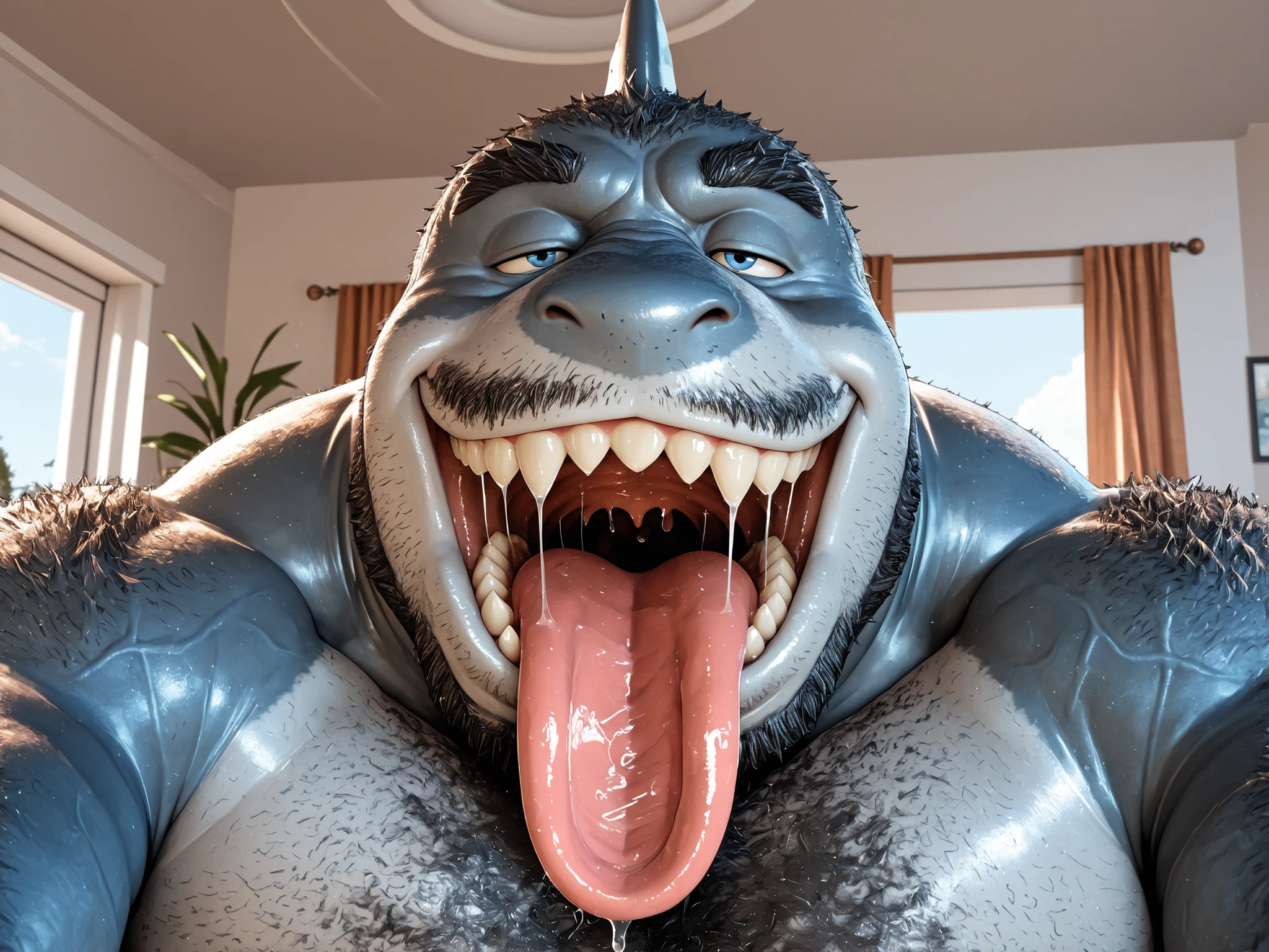 hairy, shark, has horns，chubby,  thick arms ， strong muscles ，chubby face， Black eyebrows，sky blue eyes，beard， ironic smile ,     chest and belly    ,  ，lie down， Sunlight ,    opens its big mouth and sticks out its thick and wide tongue,  tongue with a lot of saliva, Open your mouth huge       ,       there's a lot of saliva in your mouth     , Open your mouth huge       ,  sticks out all his tongue  ,  your tongue is big and covered with saliva ,     he has too much saliva in his mouth     , Open your giant mouth y  sticks out all his tongue   ancha,    your tongue is huge and too wide      ( 4k image) ( 3D image) ( the man sticks his head inside the gorilla's mouth) ( tongue with a lot of saliva) ( tongue on top of a man's chest ) ( tongue licks a man's chest ) ( Open your giant mouth) ( thick lips ) ( open your entire huge mouth ) ( chest and face bathed in saliva )