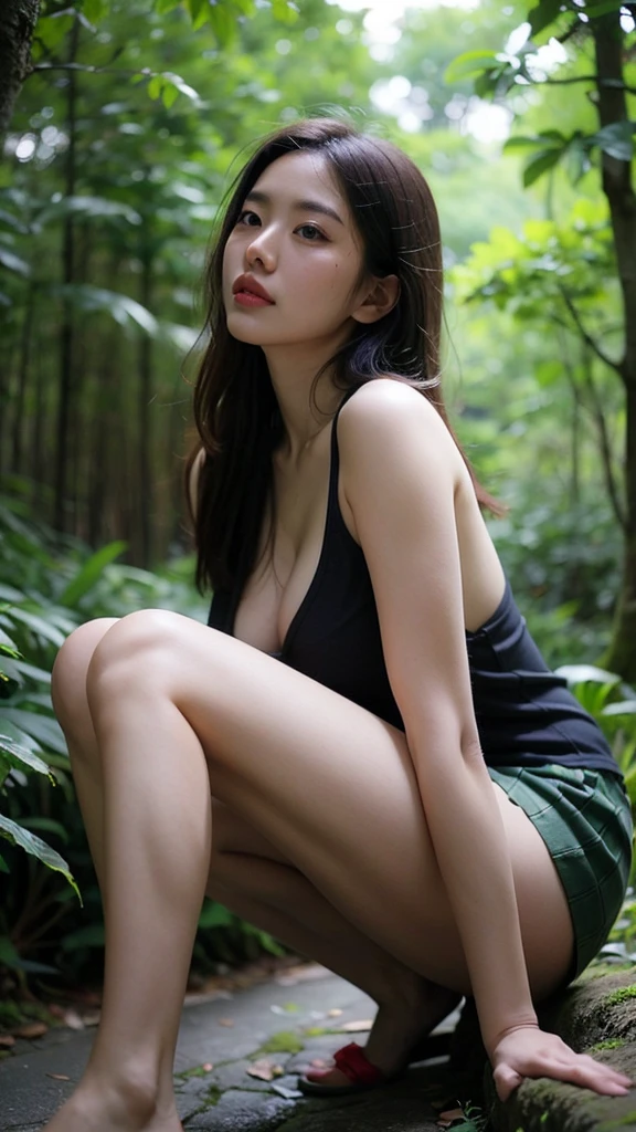 Full body photo of a nurse, The most beautiful female warrior, (((Head to Toe))), (((Sit with your knees up and your ))), (((Chained body and limbs,))), Looking at the camera, Ecstatic expression, Dense forest, Random  poses, A female warrior wearing a  made of pink thin mesh fabric, Reflecting the shape of the  in the clothes, Thin panties, Not wearing a bra, Realistic, The  area is half hidden by the clothes, White and beautiful skin, Sweaty skin, Professional Writing, Wearing high heels, Torn black stockings