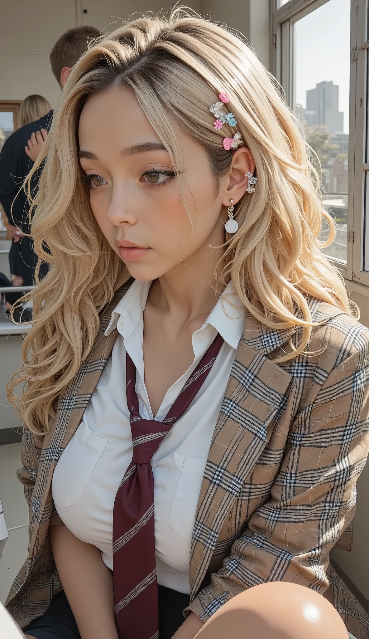 画像は、, ウェーブのかかったブロンドの髪を下に垂れ下がって. 髪は小さな, プラスチッククリップ, 一つはピンク、一つは白, 側に. ヘアスタイルはボリュームがあります明るく手入れが行き届いている, 柔らかいカールが気まぐれなタッチを加えています. その人は、ほのかなチェック柄の茶色のブレザーで構成された学校の制服を着ています, をパリッとした白いシャツの上に着用します. アンサンブルはバーガンディのネクタイで完成します, フォーマルでありながらクラシックな外観を加えています. ブレザーの生地は質感のある外観, 光を柔らかく反射する. 二人目, 部分的にしか見えない, を非常に近くに置きます, 親密な雰囲気を示唆している. 画像は若々しい優雅さを感じさせます, の長い人の背中と横の輪郭が特徴で、完璧なスタイリングによってさらに強調されています調和のとれたカラーコーディネート, で、全体的に穏やかでありながら陽気な雰囲気を作り出しています.